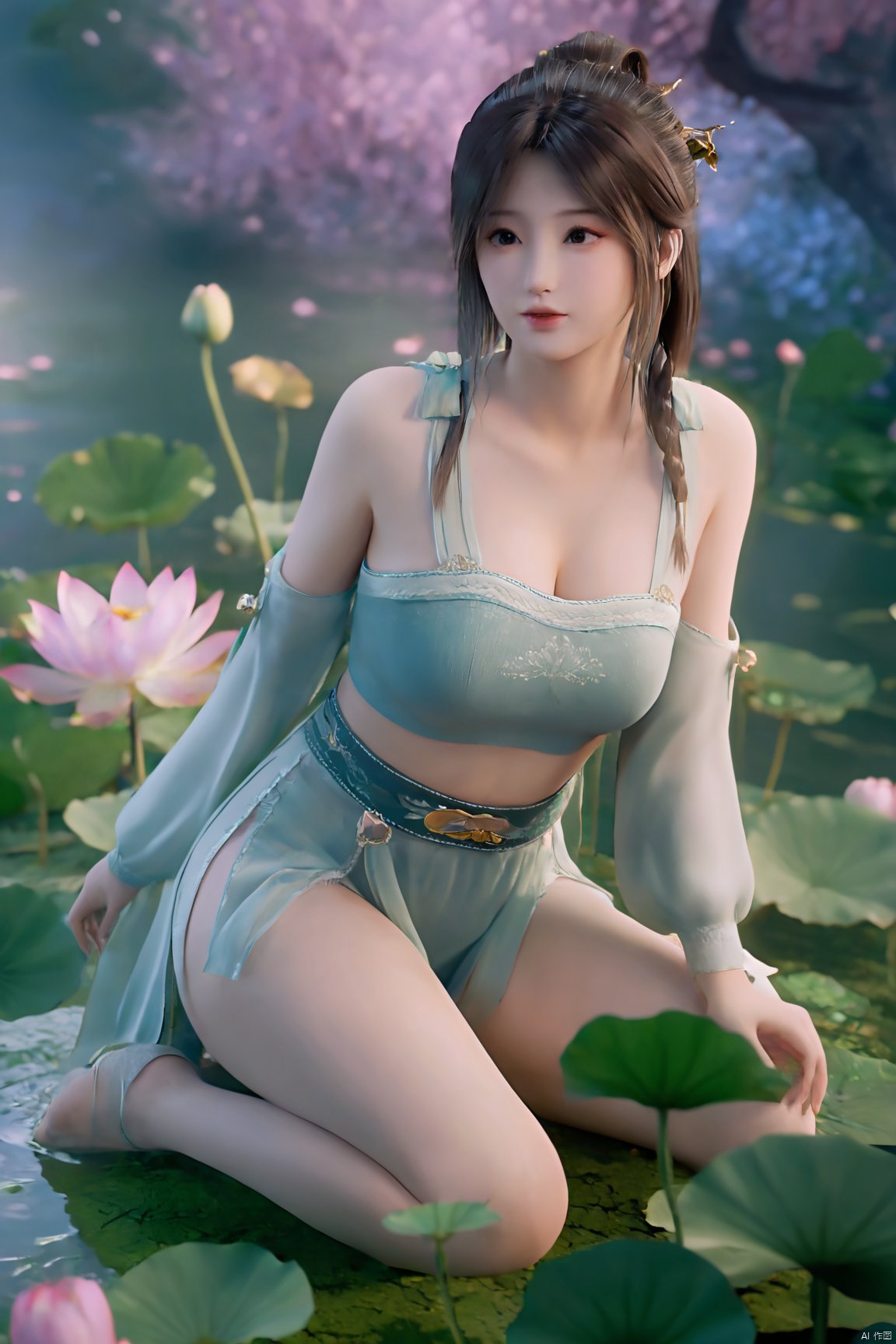 masterpiece,best quality,official art,extremely detailed CG unity 8k wallpaper,realistic,light rays,light particles,1girl,high ponytail,looking_at_viewer,thigh,cowboy_shot,sitting,Xzhouxiaohuan,(big breasts:1.59),,(A pond full of lotus flowers:1.5),Xjitanyin