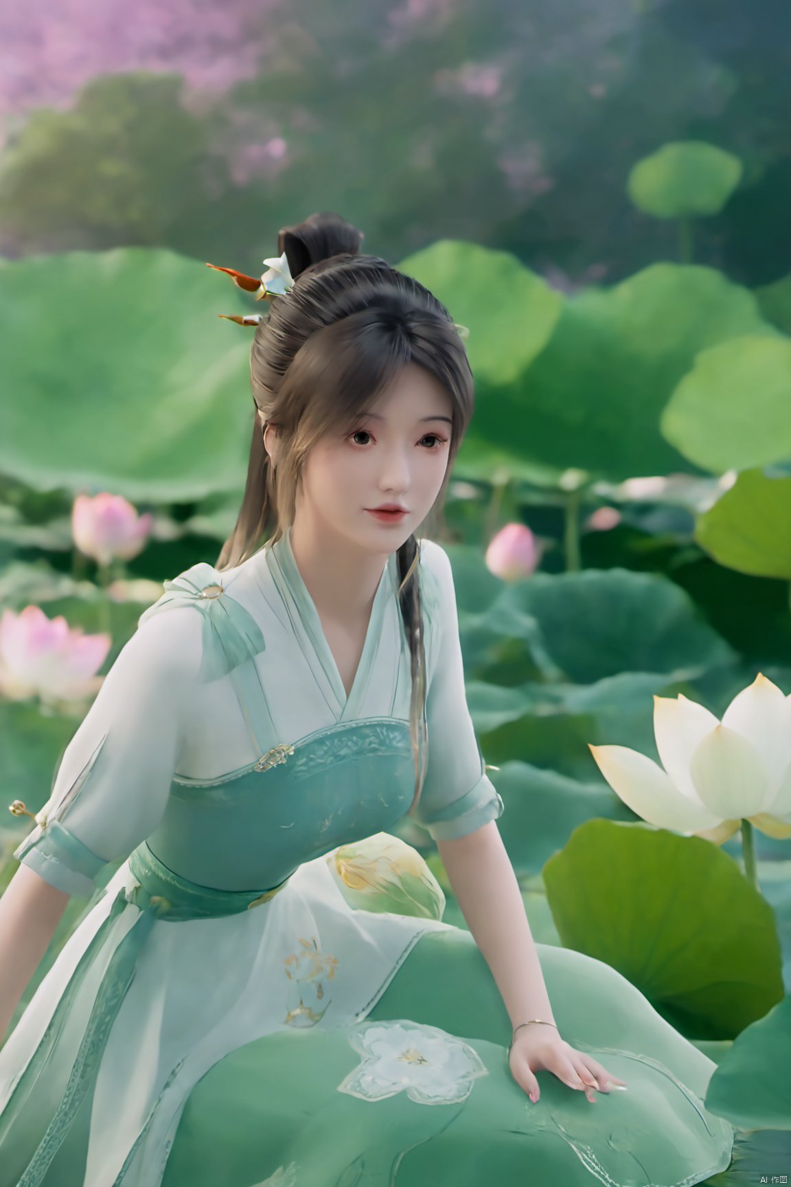 masterpiece,best quality,official art,extremely detailed CG unity 8k wallpaper,realistic,light rays,light particles,1girl,high ponytail,looking_at_viewer,thigh,cowboy_shot,sitting,Xzhouxiaohuan,(big breasts:1.59),,(A pond full of lotus flowers:1.5),Xjitanyin