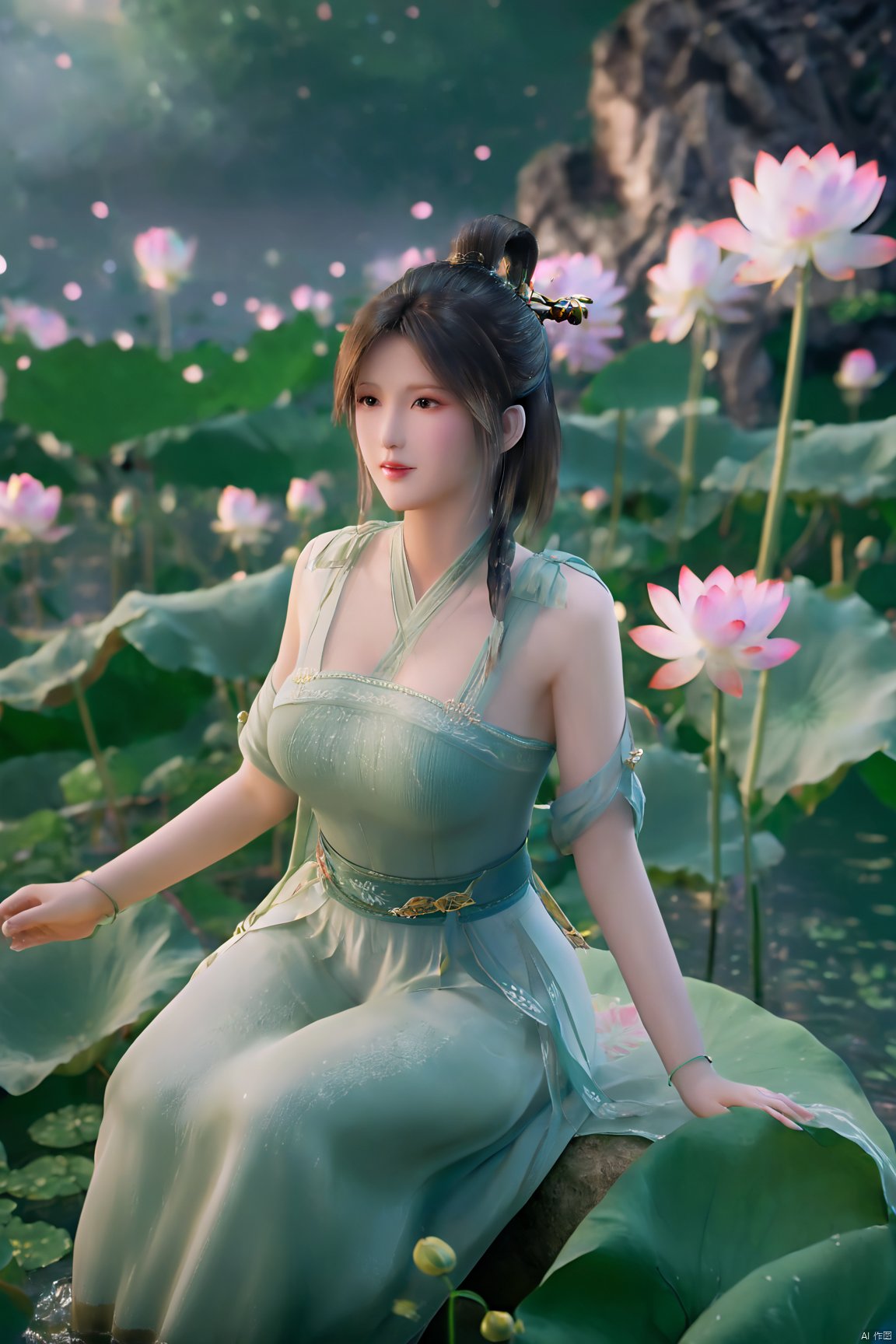 masterpiece,best quality,official art,extremely detailed CG unity 8k wallpaper,realistic,light rays,light particles,1girl,high ponytail,looking_at_viewer,thigh,cowboy_shot,sitting,Xzhouxiaohuan,(big breasts:1.59),,(A pond full of lotus flowers:1.5),Xjitanyin