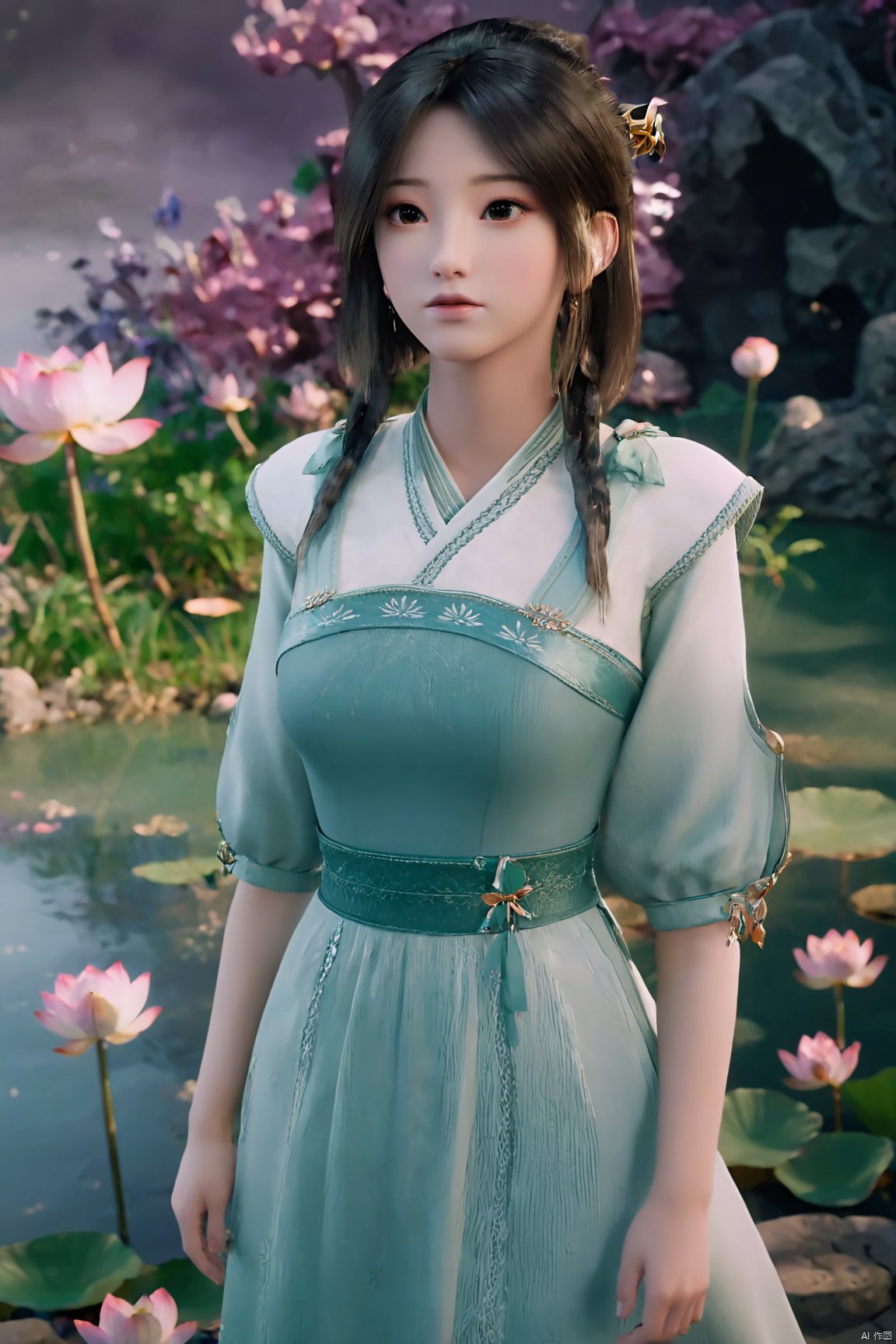 masterpiece,(best quality),(makeup),official art, extremely detailed cg 8k wallpaper,((crystalstexture skin)), (extremely delicate and beautiful),(highly detailed),(1girl), (solo), (jewelry), (earrings),(long_hair),(black_hair),(hair_ornament),(handwear),(breasts),(standing),(braided_hair:1.000),,(upper_body),((dress,skirt)),(multicolored_clothes),(multicolored_dress),(chinese_clothes),(adapted_costume),((closed_mouth)),(sleeves),,(sunshine, outdoor),((looking_at_viewer)),((Facing the camera)),Xzhouxiaohuan,(big breasts:1.89),,(A pond full of pink lotus flowers:1.5),Xjitanyin