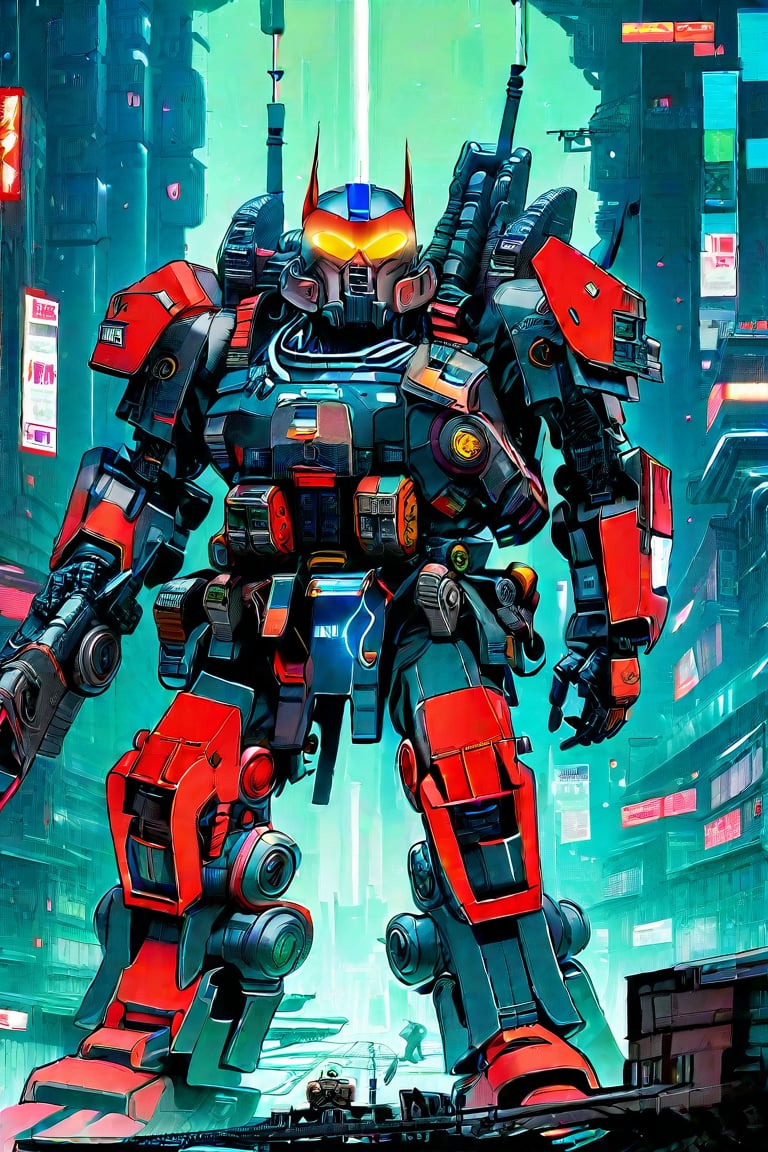 Prompt: In a dystopian cyberpunk future, a mesmerizing propaganda poster beckons viewers to enlist in the military. Combining the gritty art style of Frank Frazetta with the futuristic flair of Moebius, the image features a cybernetically enhanced soldier, clad in sleek, reflective armor and wielding cutting-edge weapons. The intricate detailing, vivid colors, and dynamic composition elevate this digital painting to a level of unparalleled artistry, capturing the essence of a war-torn, technologically advanced world with stunning precision., cyberpunk art, auto-destructive art, soldiers and mech fight, berserk art style, image comics, metal gear movie still ,Gao Hunter
