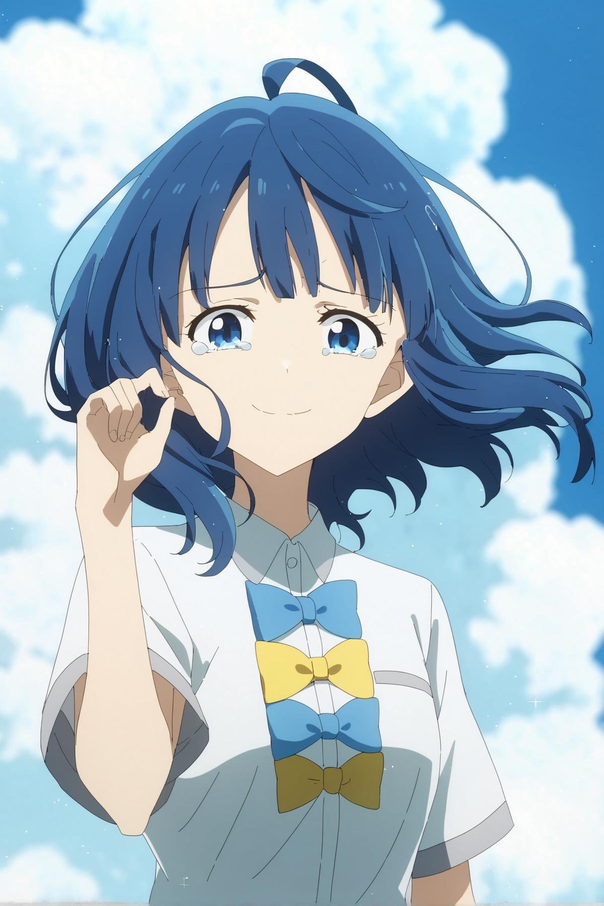 score_9, score_8_up, score_7_up, score_anime, 8k, best quality, masterpiece, <lora:Yanami_Anna-pony-Tanger:0.8>, Yanami Anna, 1girl, blue hair, blue eyes, default clothes, socks, white shirt, short sleeves, school uniform, bow, beautiful blue sky, cloud, standing, upper body, looking at viewer, tears, smile, fingers through hair., 