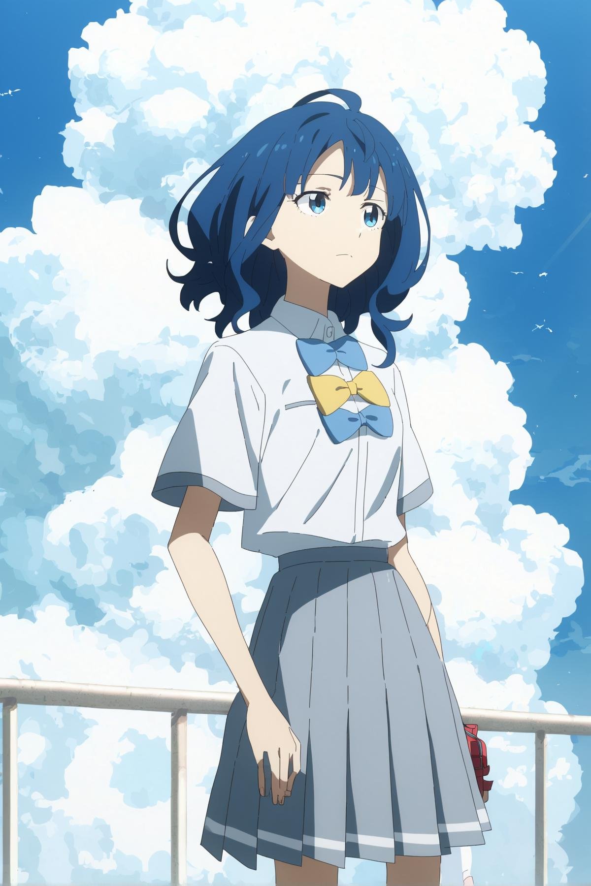 score_9, score_8_up, score_7_up, score_anime, 8k, best quality, masterpiece, <lora:Yanami_Anna-pony-Tanger:0.8>, Yanami Anna, 1girl, blue hair, blue eyes, default clothes, socks, white shirt, shoes, short sleeves, blue collared shirt, school uniform, bow, beautiful blue sky, cloud, standing, upper body, 