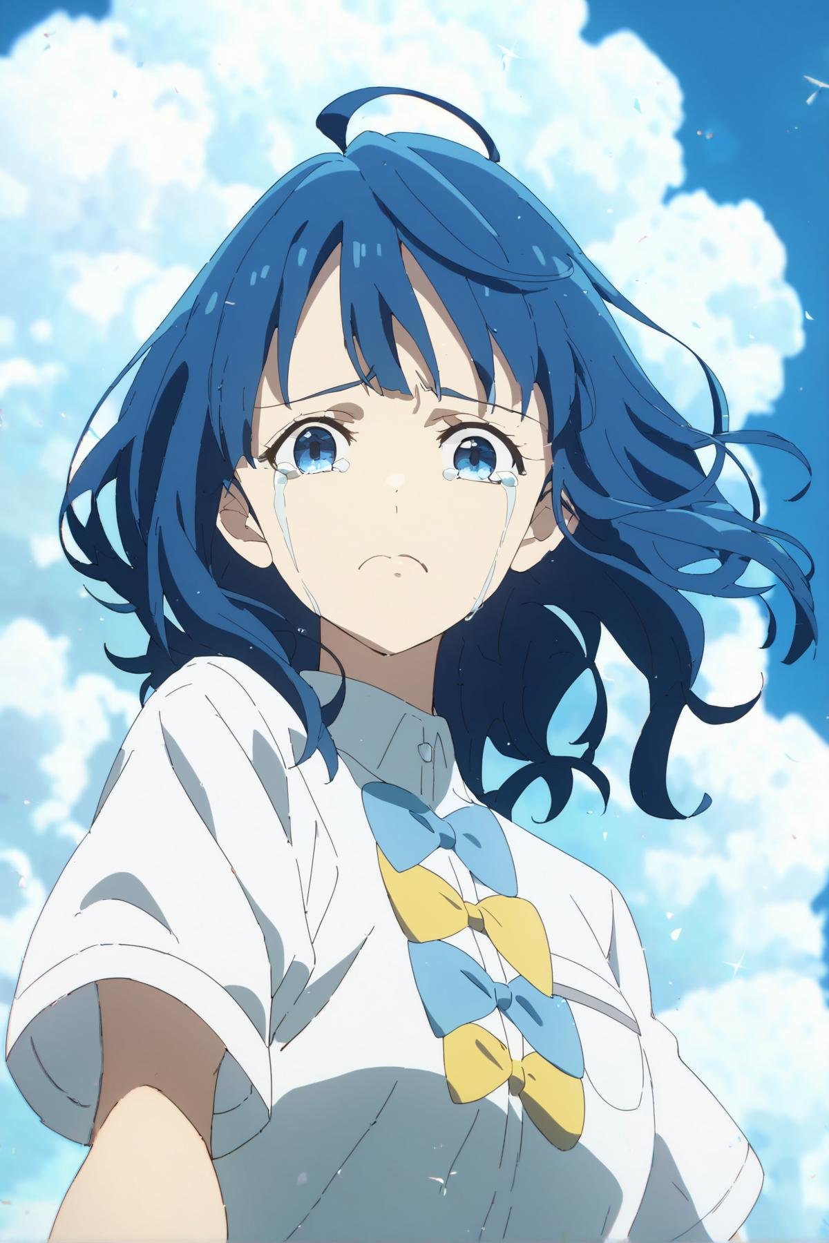 score_9, score_8_up, score_7_up, score_anime, 8k, best quality, masterpiece, <lora:Yanami_Anna-pony-Tanger:0.8>, Yanami Anna, 1girl, blue hair, blue eyes, default clothes, socks, white shirt, short sleeves, school uniform, bow, beautiful blue sky, cloud, standing, upper body, looking at viewer, tears, 