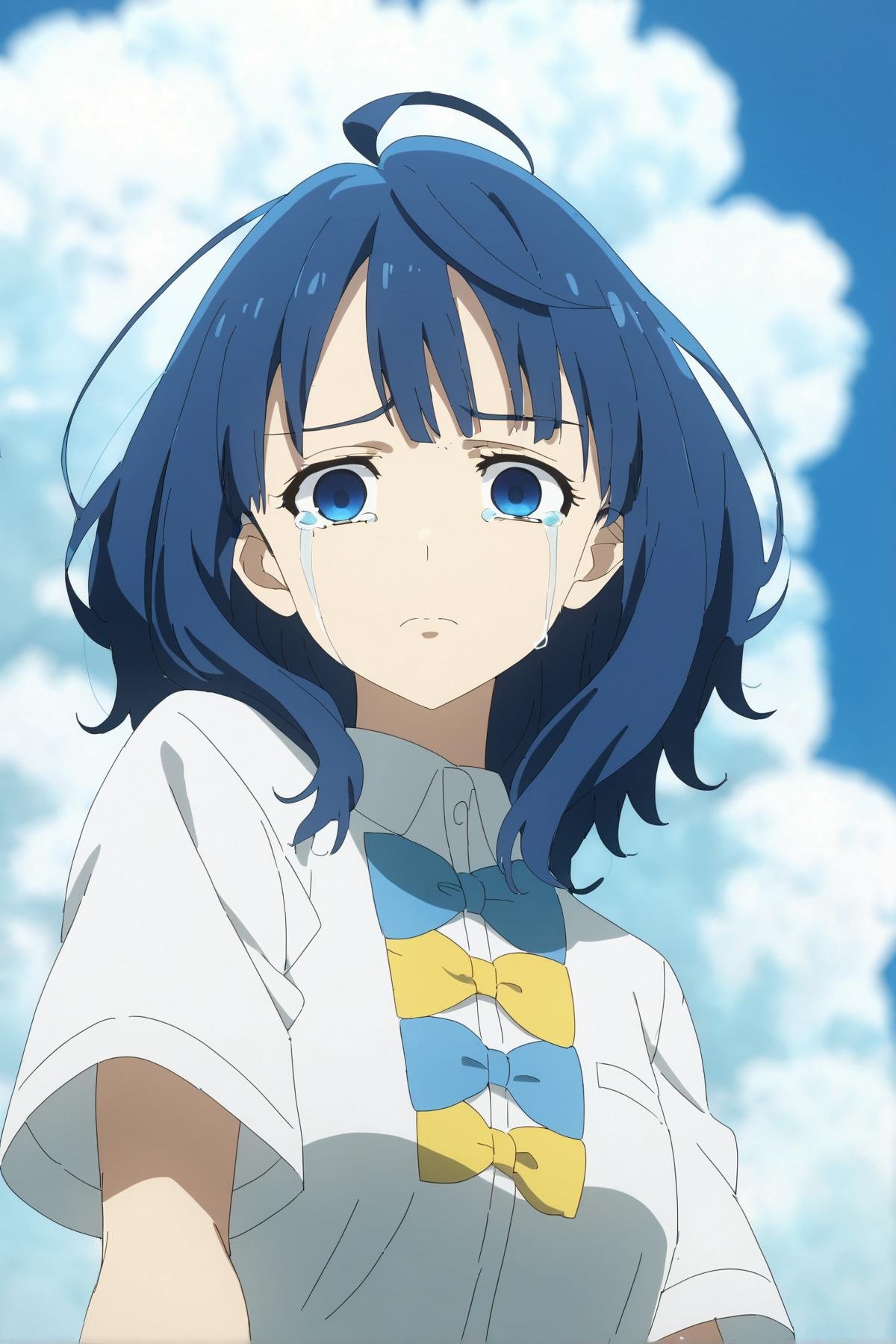 score_9, score_8_up, score_7_up, score_anime, 8k, best quality, masterpiece, <lora:Yanami_Anna-pony-Tanger:0.8>, Yanami Anna, 1girl, blue hair, blue eyes, default clothes, socks, white shirt, short sleeves, school uniform, bow, beautiful blue sky, cloud, standing, upper body, looking at viewer, tears, two eyes without god, both eyes out of focus, empty eyes, 