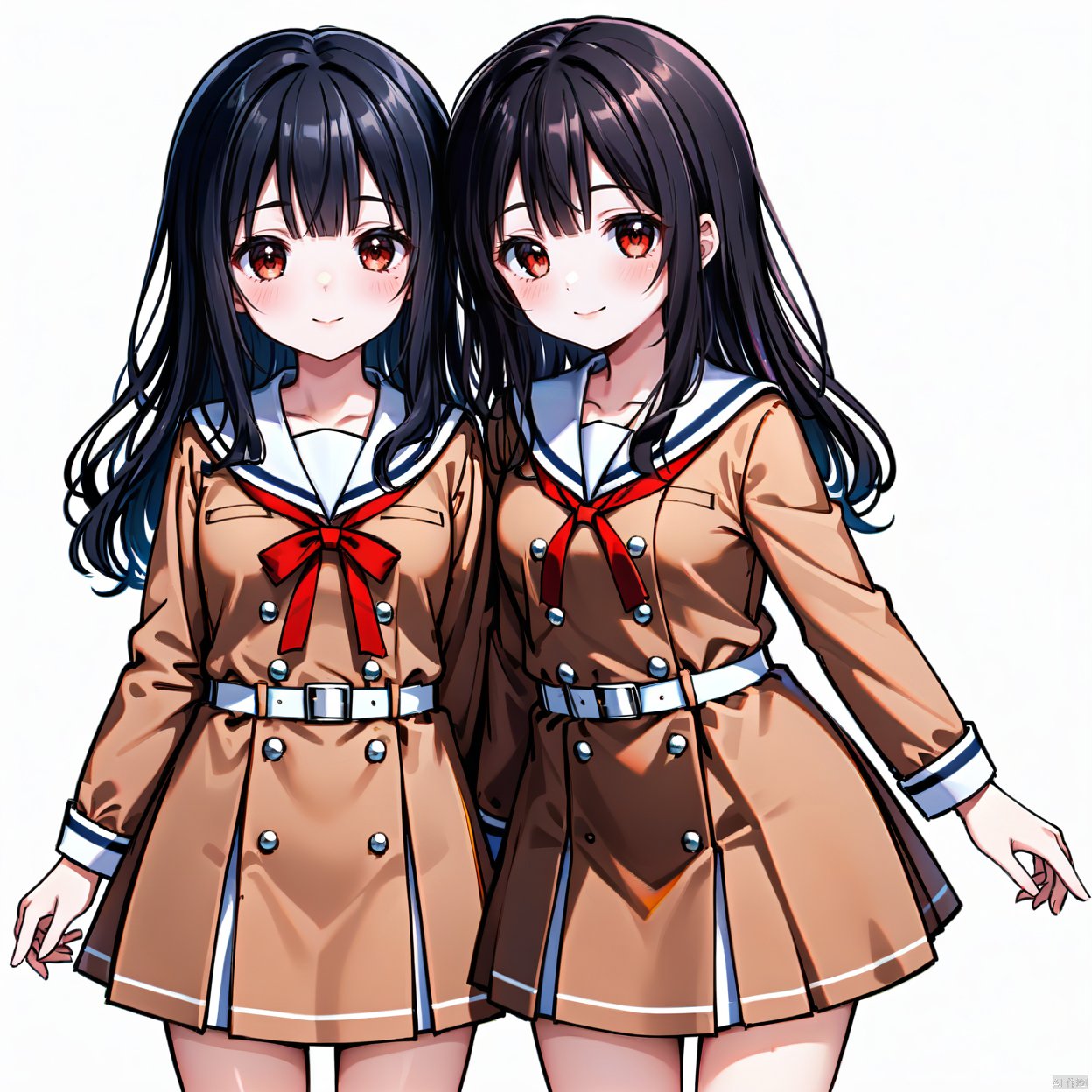 yuri,black hair,red eyes,brown eyes
1girl, solo, long hair, looking at viewer, blush, smile, bangs, simple background, black hair, long sleeves, white background, dress, ribbon, brown eyes, school uniform, standing, serafuku, sailor collar, red ribbon, neck ribbon, buttons, sailor dress, arms at sides, double-breasted, brown dress, pleated dress, hanasakigawa school uniform