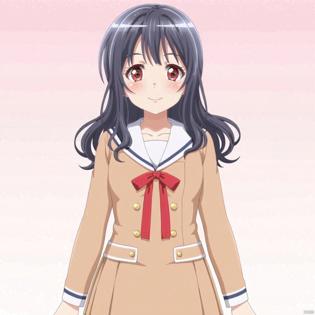 yuri,black hair,red eyes,brown eyes
1girl, solo, long hair, looking at viewer, blush, smile, bangs, simple background, black hair, long sleeves, white background, dress, ribbon, brown eyes, school uniform, standing, serafuku, sailor collar, red ribbon, neck ribbon, buttons, sailor dress, arms at sides, double-breasted, brown dress, pleated dress, hanasakigawa school uniform