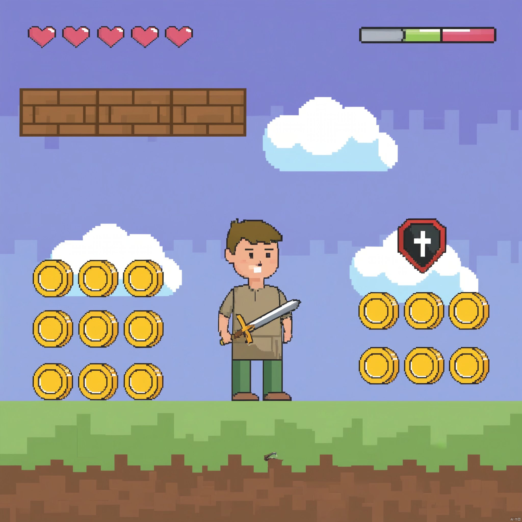 TianHai_Game_Scene, 1boy, male focus, health bar, fake screenshot, gameplay mechanics, brown hair, sky, cloud, outdoors, holding, blue sky, day, shirt, heart, user interface, pants, weapon, short hair, solo, standing, holding weapon