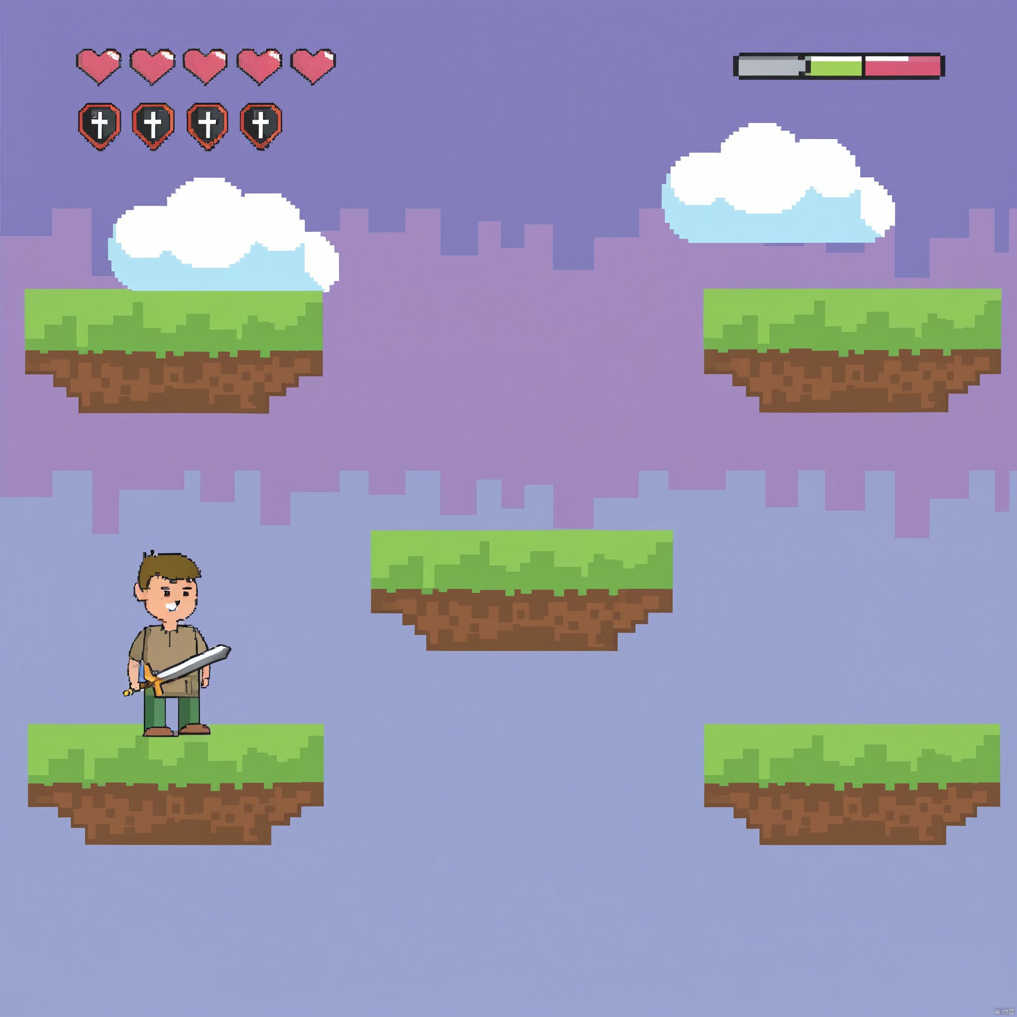 TianHai_Game_Scene, 1boy, male focus, health bar, fake screenshot, gameplay mechanics, brown hair, sky, cloud, outdoors, holding, blue sky, day, shirt, heart, user interface, pants, weapon, short hair, solo, standing, holding weapon