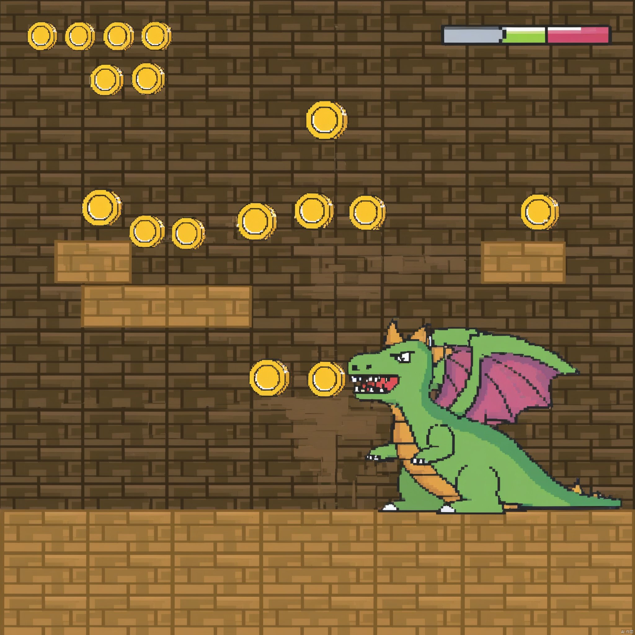 TianHai_Game_Scene, no humans, gameplay mechanics, pokemon, (creature), dragon, open mouth, fake screenshot, health bar, wings, fangs, coin, parody