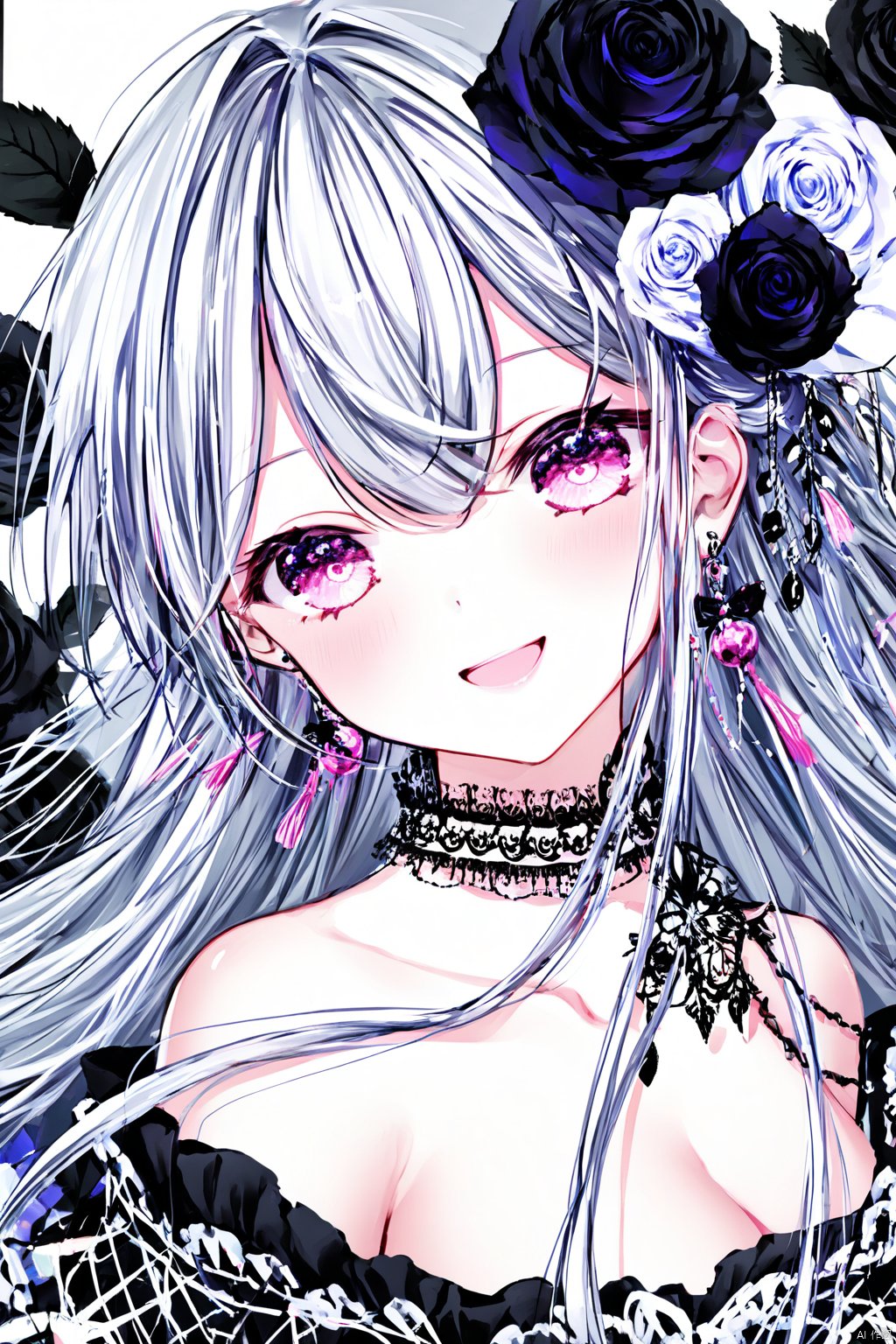 masterpiece,best quality,high quality,(colorful),nai3 Style,loli,1girl, black flower, black rose, solo, heterochromia, long hair, flower, jewelry, off shoulder, dress, off-shoulder dress, blue eyes, black dress, hair ornament, hair flower, smile, earrings, rose, looking at viewer, necklace, purple eyes, collarbone, bare shoulders, grey background, closed mouth, breasts, upper body, grey hair, blush, white hair, pink eyes, frills, small breasts,noyu,transparent