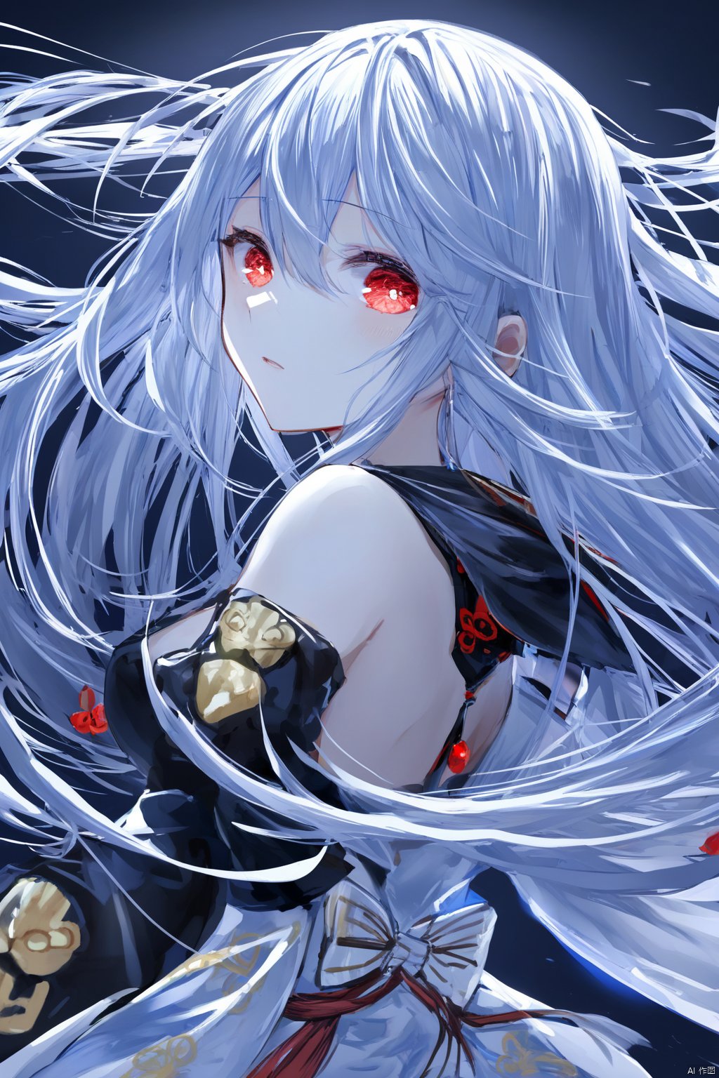 line art,line style,monochrome,simple background,bench,bush,1girl,long hair,looking at viewer,looking back,solo,bangs,gloves,dress,bare shoulders,white hair,very long hair,blue hair,closed backless,red eyes,contempt,disdain,disgust,expressionless,half-closed eyes,looking at viewer,fatigue,(jitome),=_=,masterpiece,bestquality,onnk,ice,cool,transparent,noyu,torino,melting