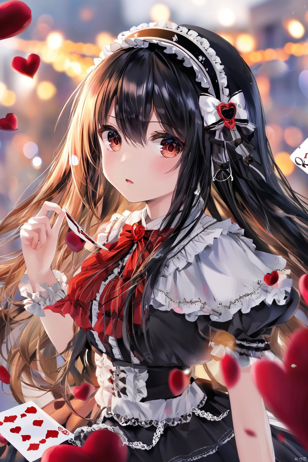 masterpiece, best quality, realistic,loli,1girl, card, playing card, solo, blurry, long hair, looking at viewer, black hair, blurry foreground, depth of field, heart, ace (playing card), brown hair, gothic lolita, hairband, black eyes, lolita fashion, red lips, lolita hairband, foreshortening,k7,torino,Q,transparent,cartoon,noyu,melting,mercury