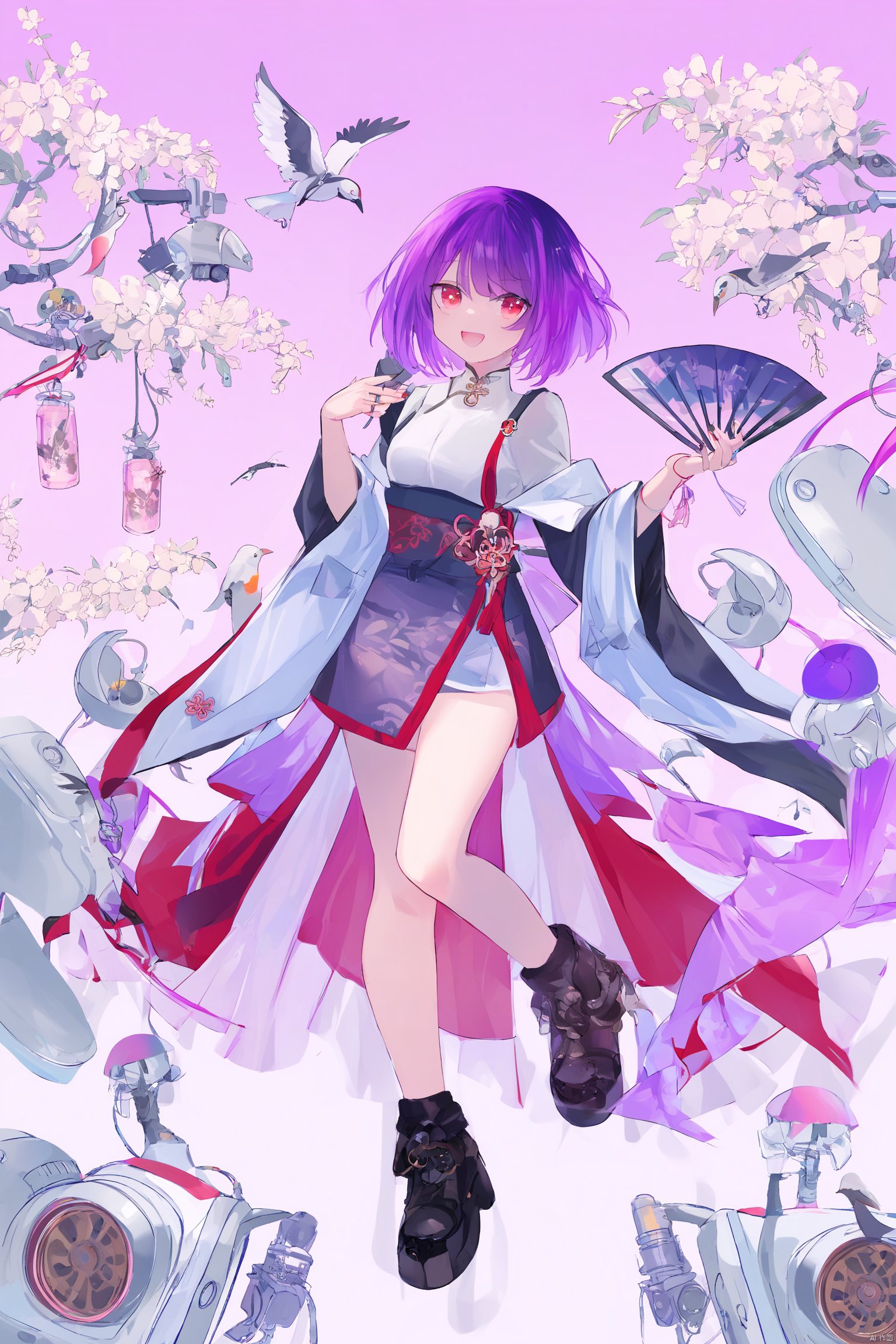 purple_hair,red_eyes,amoris 1girl, solo, looking at viewer, blush, smile, short hair, shirt, 1girl, solo, long hair, looking at viewer, bangs,, skirt, simple background, shirt, long sleeves, white background, holding, hair between eyes, jewelry, closed mouth, standing, full body, flower, earrings, shoes, black footwear, bird, chinese clothes, white flower, hand fan, single earring, holding fan, The task is asking to describe the image using natural language, focusing on the objects and features present. In this case, the description should include the character's attire, accessories, and the surrounding elements such as the small creatures and the mechanical device. The description should be factual and avoid any aesthetic interpretations or assumptions about the character's personality or the story behind the image. It should also maintain an objective tone and refrain from making any judgments or biases related to the character's appearance or context.