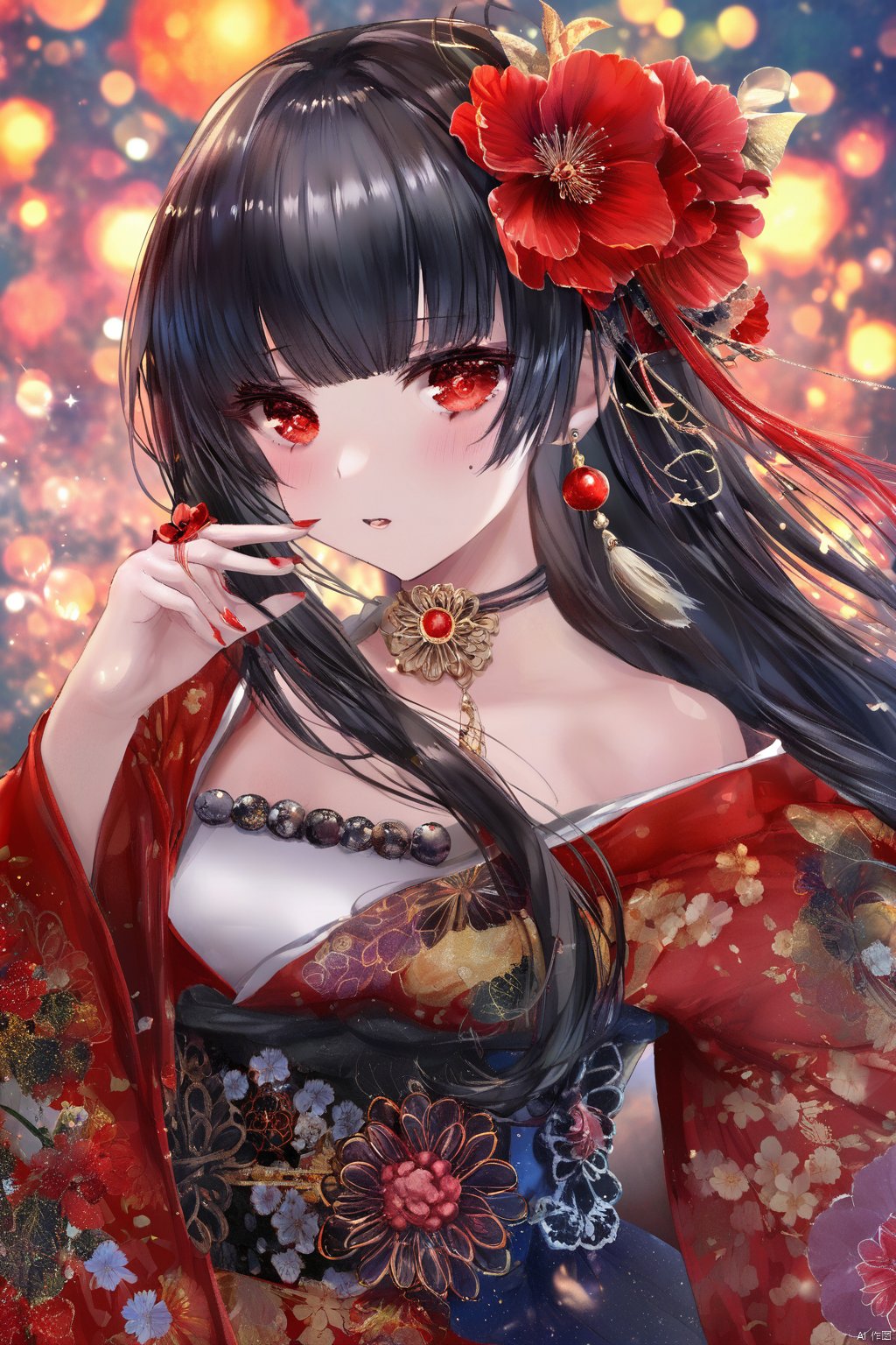 (masterpiece), (best quality), illustration, ultra detailed, hdr, depth of field, (colorful),[artist:wlop],[[artist:sheya]],artist:hiten_(hitenkei), 1girl, solo, long hair, looking at viewer, bangs, black hair, hair ornament, red eyes, long sleeves, closed mouth, upper body, flower, frills, chines clothes, hand up, hair flower, blunt bangs, nail polish, makeup, red flower, tassel, red nails, hime cut,k7,torino,Q,transparent,cartoon,noyu,melting,mercury