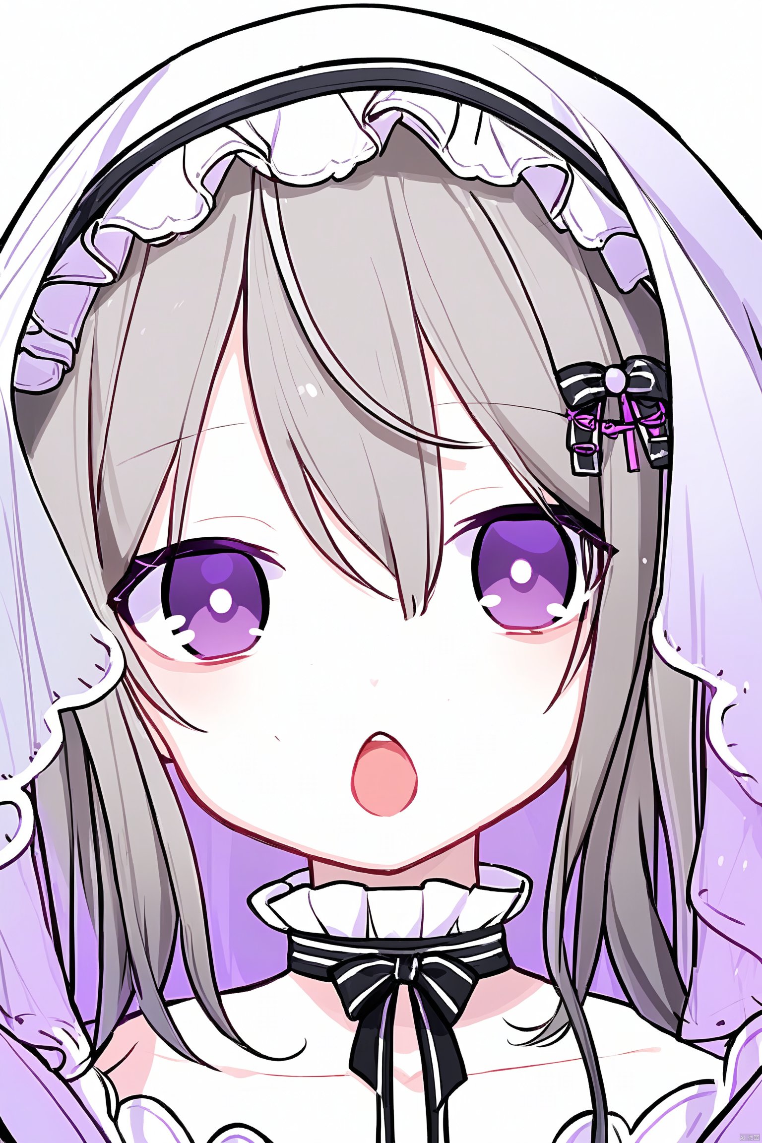 1girl, solo, long hair, looking at viewer, blush, open mouth, simple background, hair ornament, gloves, white background, ribbon, hair between eyes, purple eyes, hair ribbon, upper body, grey hair, sweat, hairband, fingerless gloves, black hairband, bridal gauntlets, @ @,cartoon