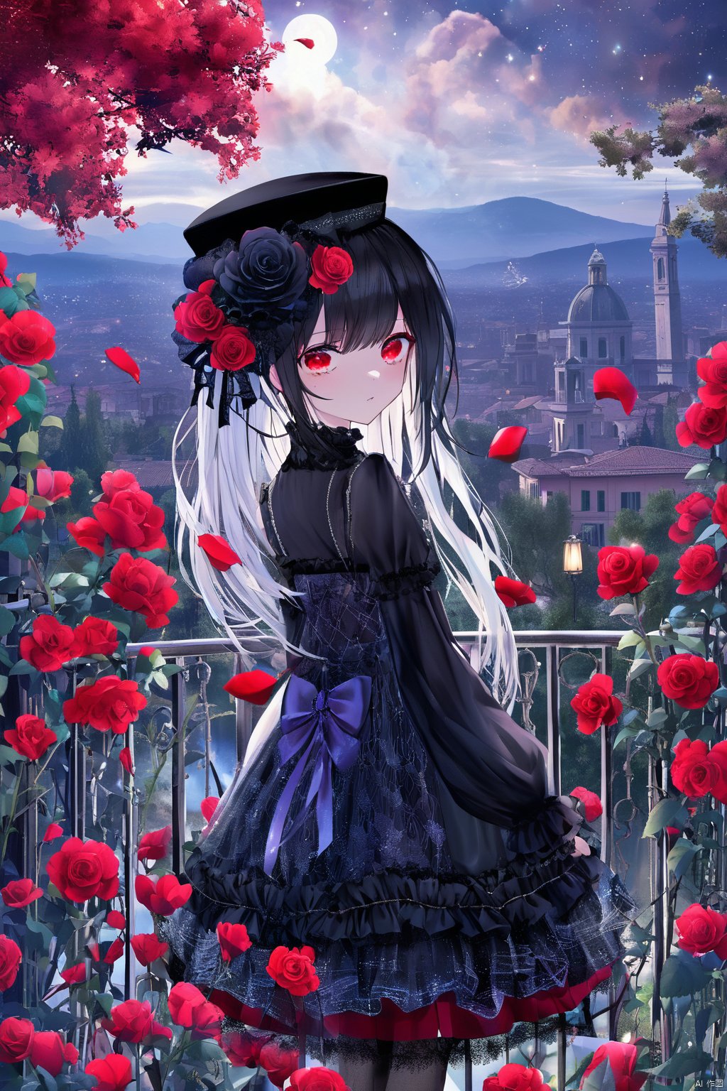 1girl, flower, red eyes, rose, solo, (night), long hair, black dress, layered dress, outdoors, looking at viewer, detached sleeves, black headwear, hat, very long hair, standing, lolita fashion, tree, sky, frills, top hat, night sky, long sleeves, bare shoulders, red flower, purple flower, gothic lolita, mini hat, closed mouth, hair between eyes, frilled dress, white hair, black sleeves, building, cloud, frilled sleeves, sleeveless,k7,torino,Q,transparent,cartoon,noyu,melting,mercury