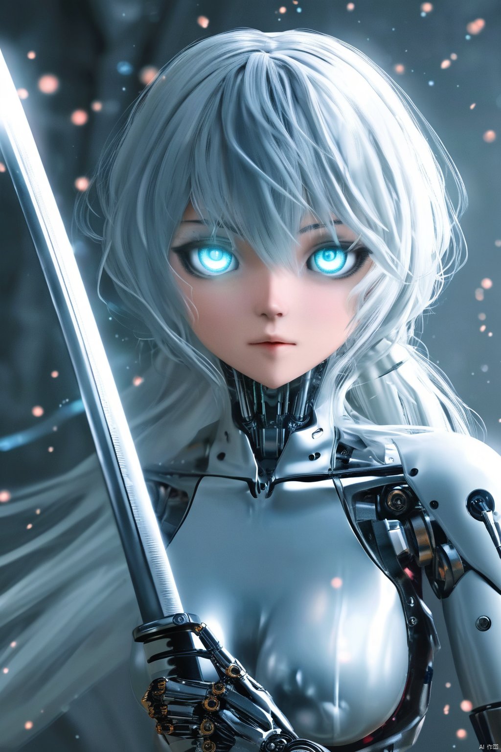 cool,1mechanical girl,(holding sword:1.1),shadows,ultra sharp,metal,(cold colors),rending on cgsociety,facing camera,machanical limbs,mechanical cervial attaching to neck,ghost in the shell,anime art style,looking_at_viewer,masterpiece,best quality,(ultra realistic details),glass-**** sparkling eyes are blurry and dreamy,muscle tone and definition,high contrast eyes,finely detailed features,stunning colors,cinematic lighting effects,super wide Angle,light particles,light particle art,(glowing:1.1),Wear clothes,don't show,