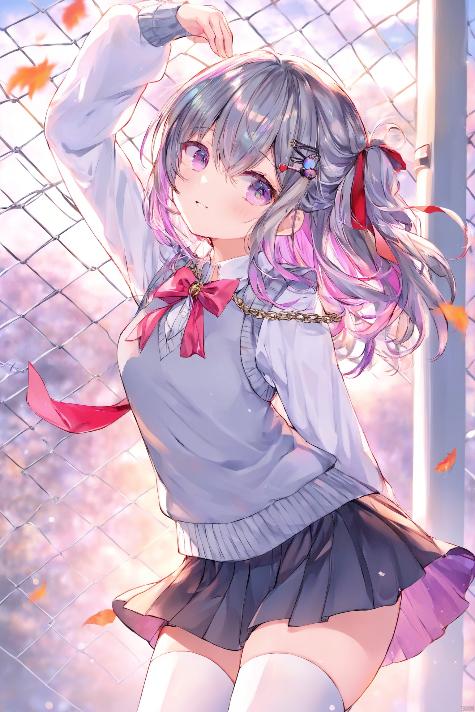 noyu,masterpiece, ultra detailed, hdr, colorful, loli, Artist:wlop, Artist:sheya, Artist:hiten_, hitenkei, 1girl, solo, skirt, thighhighs, long hair, shirt, white thighhighs, looking at viewer, school uniform, white shirt, pleated skirt, fence, sweater vest, hair ornament, ribbon, smile, collared shirt, outdoors, chain-link fence, red ribbon, breasts, hairclip, sky, long sleeves, blush, neck ribbon, zettai ryouiki, parted lips, grey skirt, cloud, blue sweater vest, hand in own hair, illustration, Depth of field, cowboy shot, best quality //////////////////////////, long hair, breasts, fireflySR, bangs, hair ornament, hair between eyes, purple eyes, multicolored hair, white hair, hairband, elbow gloves, black hairband, skirt, green thighhighs, ribbon, hair ribbon, hairband, wavy hair