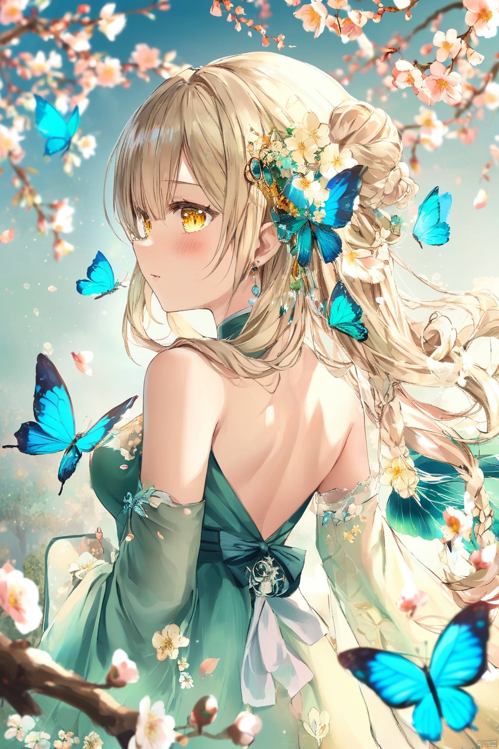 ,butterfly,blue_butterfly,1girl,gloves,white_butterfly,branch,flower,long_hair,ass,dress,bird,green_eyes,cherry_blossoms,hair_ornament,solo,ahoge,black_gloves,bare_shoulders,butterfly_on_hand,backless_outfit,looking_at_viewer,bangs,chinese_clothes,backless_dress,animal,hair_flower,glowing_butterfly,breasts,butterfly_hair_ornament,yellow_butterfly,hair_between_eyes,floral_background,k7,torino,Q,transparent,cartoon,noyu,melting,mercury