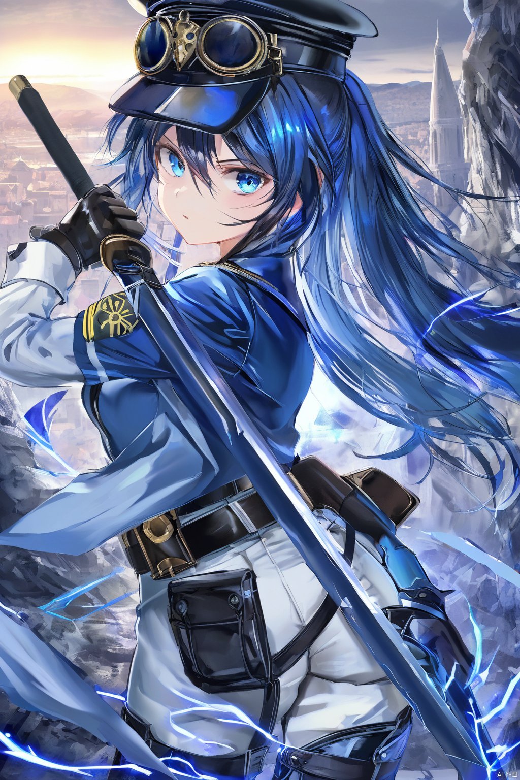 1girl, solo, weapon, blue eyes, sword, hat, holding, black headwear, white gloves, gloves, belt, holding weapon, holding sword, looking at viewer, goggles on headwear, military, parted lips, black pants, long sleeves, uniform, military uniform, pants, hair between eyes, jacket, blue hair, scar, sheath, katana, goggles, peaked cap, military hat, long hair,k7,torino,Q,transparent,cartoon,noyu,melting,mercury