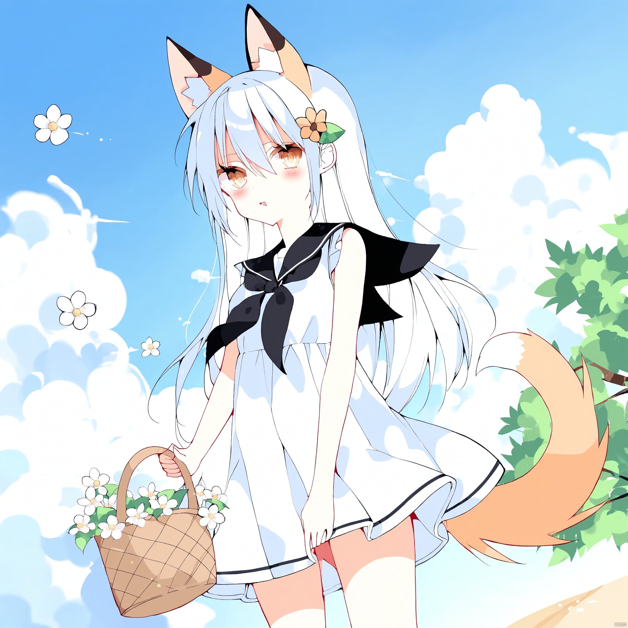 mercury,1girl, solo, long hair, looking at viewer, bangs, dress, bow, holding, animal ears, hair between eyes, bare shoulders, brown eyes, closed mouth, standing, tail, flower, white hair, outdoors, sky, sleeveless, day, cloud, sailor collar, white dress, tree, blue sky, animal ear fluff, bare arms, fox ears, sleeveless dress, fox tail, brown footwear, sandals, white flower, fox girl, black sailor collar, basket, holding basket,