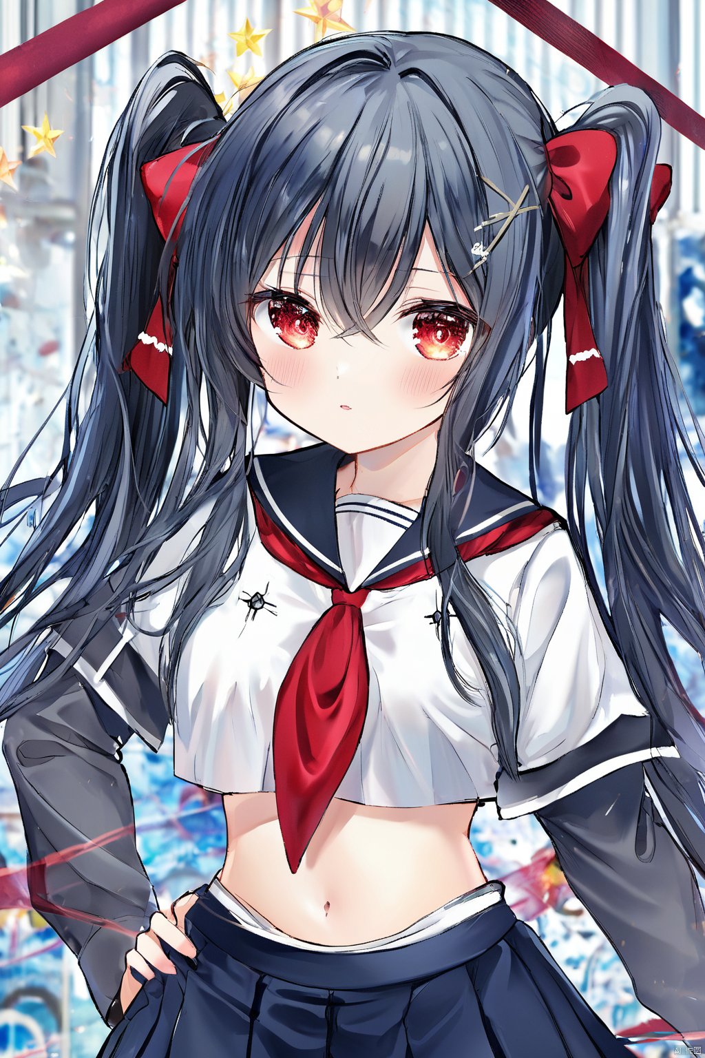 1girl, formidable_\(azur_lane\), breasts, long_hair, twintails, very_long_hair, black_skirt, sailor_collar, school_uniform, thighhighs, serafuku, red_eyes, skirt, looking_at_viewer, large_breasts, crop_top, navel, solo, ribbon, crop_top_overhang, midriff, hair_ribbon, black_sailor_collar, grey_hair, bangs, zettai_ryouiki, gradient, black_shirt, black_serafuku, pleated_skirt, long_sleeves, gradient_background,k7,torino,Q,transparent,cartoon,noyu,melting,mercury