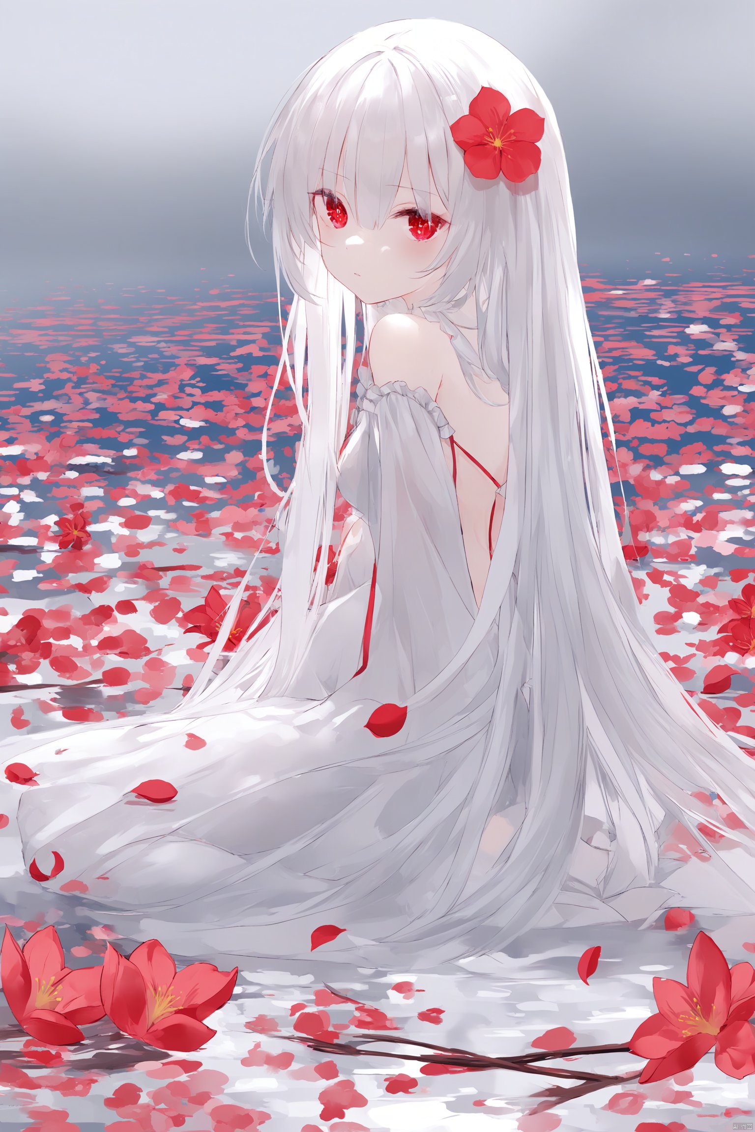 melting,(masterpiece), (best quality), illustration, ultra detailed, hdr, depth of field, (colorful),[artist:wlop],[[artist:sheya]],artist:hiten_(hitenkei), 1girl, red eyes, white long translucent night gown, expressionless, (white hair), hair cover one eye, long hair, red hair flower, kneeling on lake , (plenty of red petals:1.35), (white background:1.5), (English text), greyscale, monochrome, greyscale, monochrome, sketch