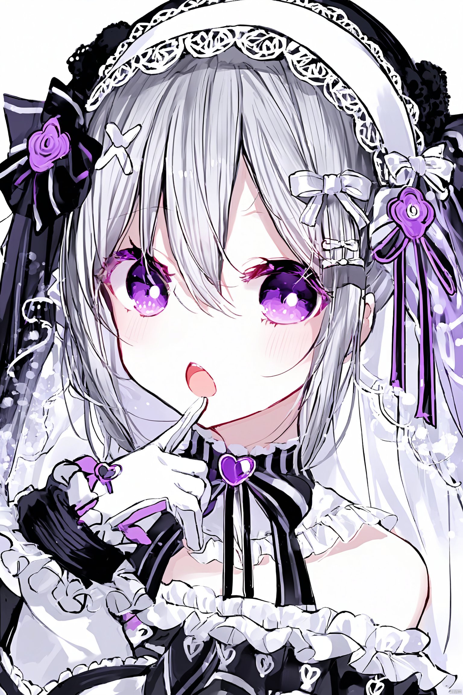 1girl, solo, long hair, looking at viewer, blush, open mouth, simple background, hair ornament, gloves, white background, ribbon, hair between eyes, purple eyes, hair ribbon, upper body, grey hair, sweat, hairband, fingerless gloves, black hairband, bridal gauntlets, @ @,noyu