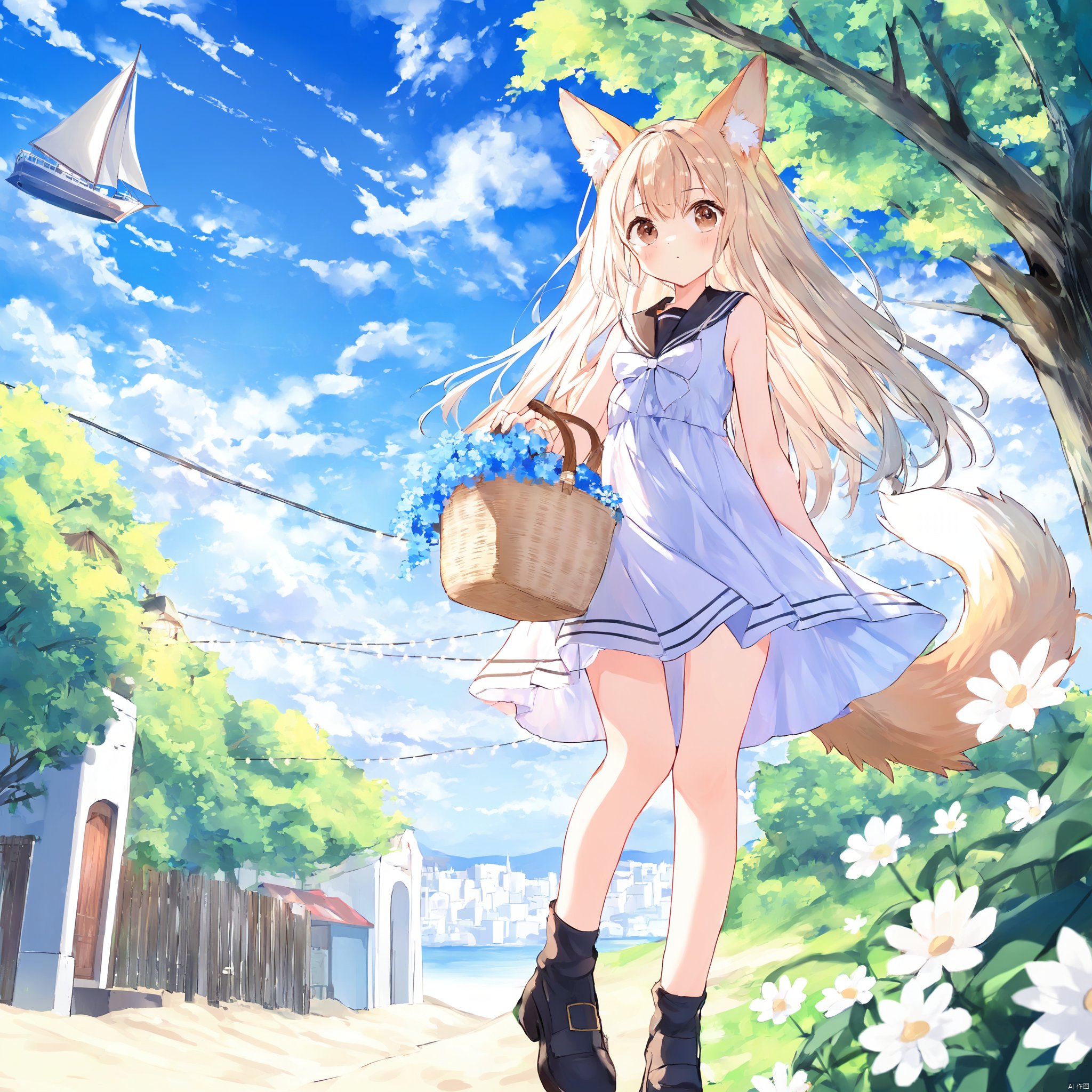 1girl, solo, long hair, looking at viewer, bangs, dress, bow, holding, animal ears, hair between eyes, bare shoulders, brown eyes, closed mouth, standing, tail, flower, white hair, outdoors, sky, sleeveless, day, cloud, sailor collar, white dress, tree, blue sky, animal ear fluff, bare arms, fox ears, sleeveless dress, fox tail, brown footwear, sandals, white flower, fox girl, black sailor collar, basket, holding basket,noyu