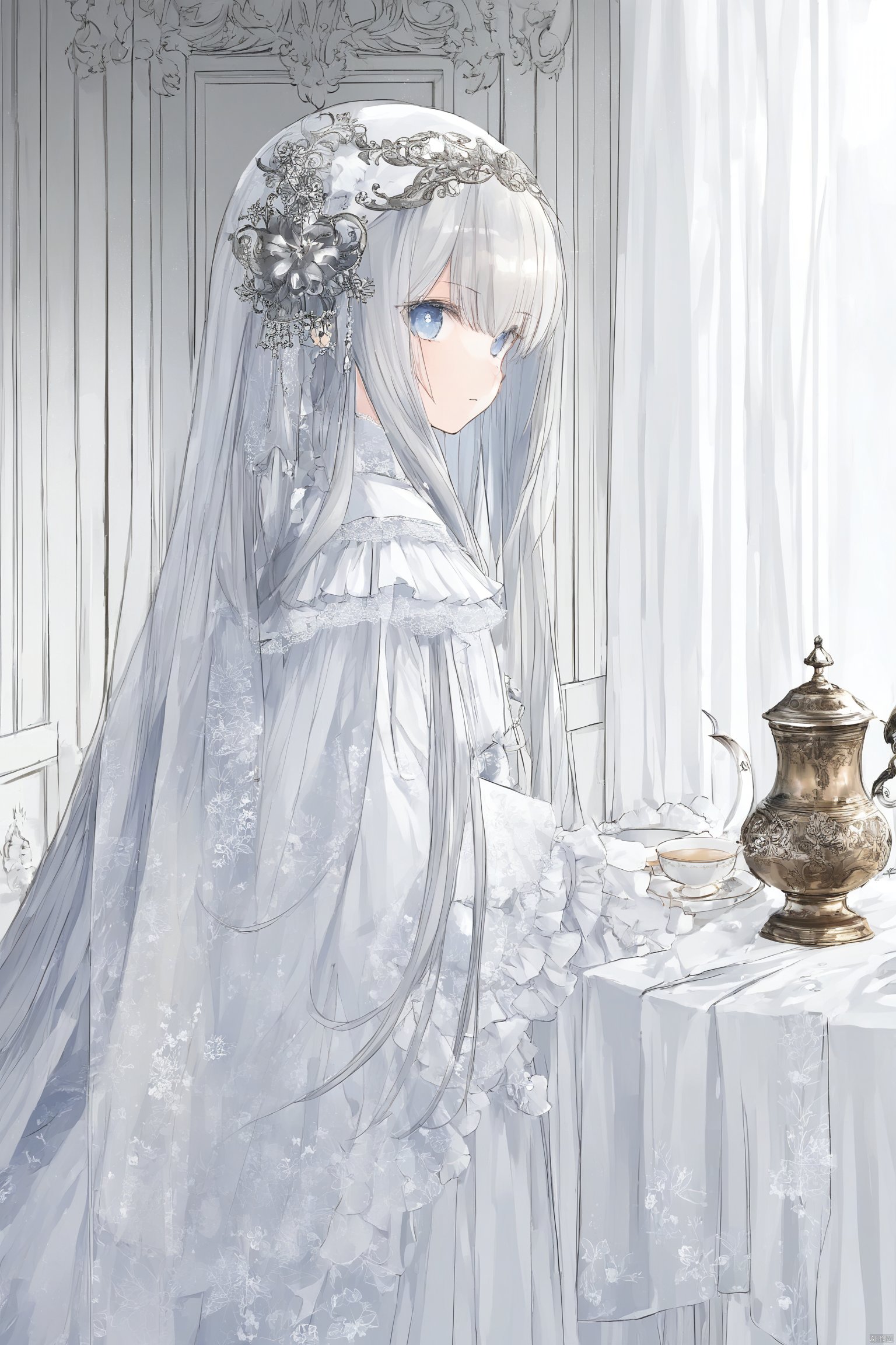 In the image, a character with long silver hair and blue eyes is depicted. The character wears a traditional white dress adorned with ruffles and floral patterns, complemented by a decorative headpiece. The attire suggests a historical or fantasy setting. The character's pose and the presence of a teapot imply a service role, possibly in a tea ceremony. The background is minimalistic, featuring a window and a curtain that does not distract from the main subject. The overall impression is one of elegance and a sense of serene service.