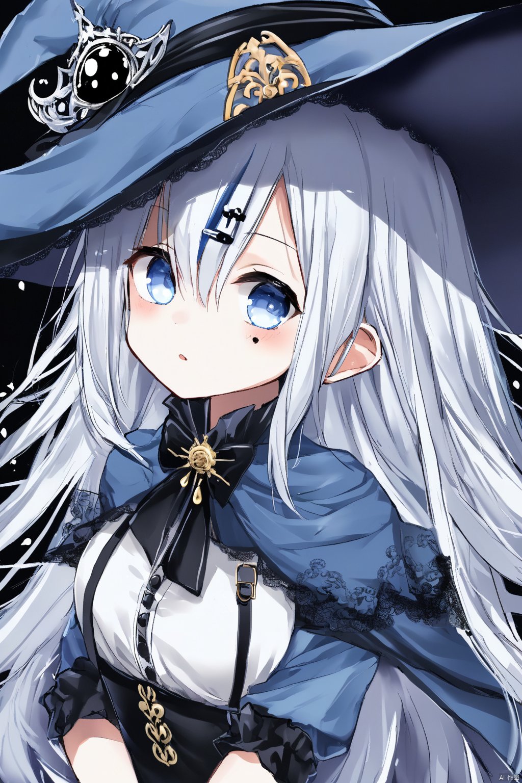 black background,monochrome,1girl,solo,(chibi),blue eyes,white hair,long hair,hair between eyes,teardrop facial mark,witch hat,capelet,ascot,long sleeves,brooch,(upper body),close-up,pov,expressionless,half-closed eyes,looking at viewer,bags under eyes,fatigue,(jitome),=_=,head rest,masterpiece,bestquality,onnk,