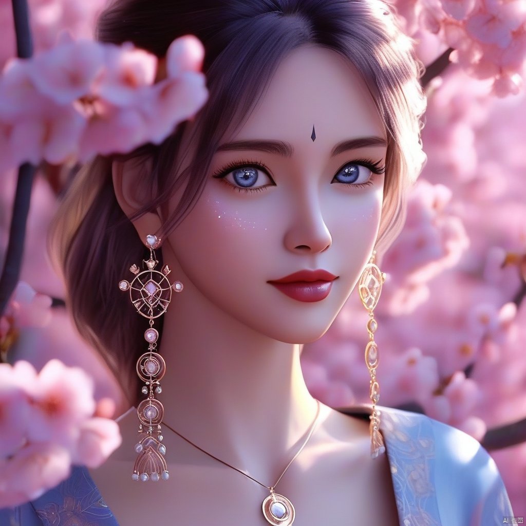 In a breathtakingly realistic 8K photorealistic scene, a stunning girl ((正面, face to the audience)) gazes directly at the viewer with an alluring smile, her eyes sparkling like diamonds. Her mole adds charm to her enchanting face as she poses elegantly, showcasing her ultra-realistic cleavage. The luxurious setting is bathed in cinematic lighting with subtle bloom, surrounded by lush cherry blossom trees. A masterpiece of jewelry adorns her neck, earrings, and bracelet, featuring intricate details, delicate patterns, and gemstones like sapphire, ruby, emerald, and pearl.