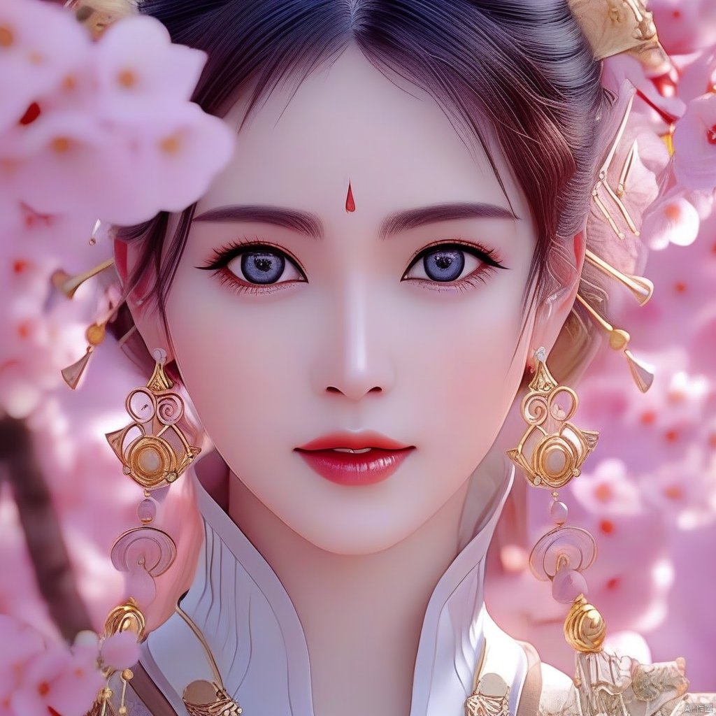 In a breathtakingly realistic 8K photorealistic scene, a stunning girl ((正面, face to the audience)) gazes directly at the viewer with an alluring smile, her eyes sparkling like diamonds. Her mole adds charm to her enchanting face as she poses elegantly, showcasing her ultra-realistic cleavage. The luxurious setting is bathed in cinematic lighting with subtle bloom, surrounded by lush cherry blossom trees. A masterpiece of jewelry adorns her neck, earrings, and bracelet, featuring intricate details, delicate patterns, and gemstones like sapphire, ruby, emerald, and pearl.