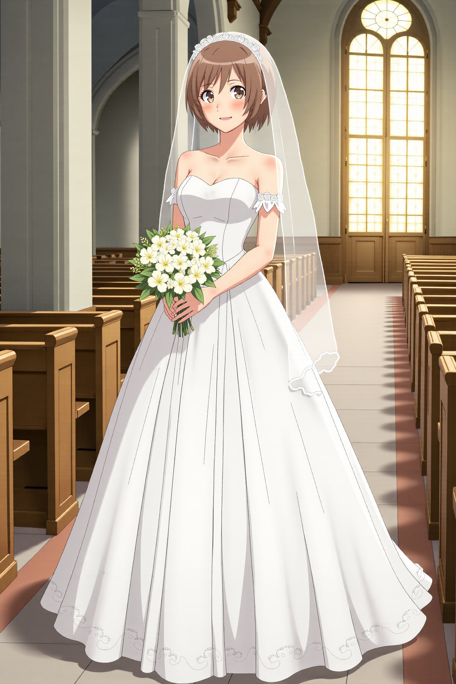 score_9, score_8_up, score_7_up, score_6_up, score_5_up, score_4_up, BREAK, source_anime, 1girl, solo, lynneburg, full_body, wedding_dress, smile, bunch of flowers, church
