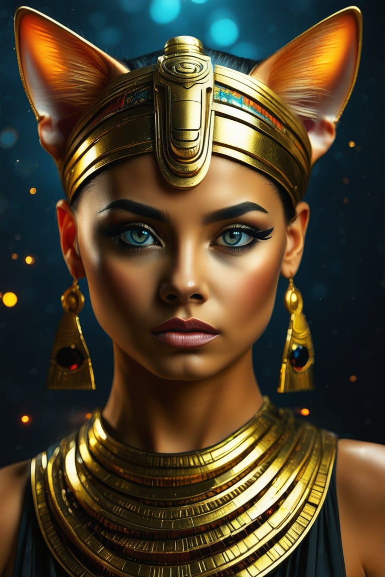 Detailed, masterpiece, professional, bold colors, awe inspiring, photography inspired by Jeremy Mann, 30mm shot, HDR, Egyptian cat girl goddess, humanoid, ancient Egyptian theme, mesmerizing eyes, feminine, soft, cosmic being, galaxy eyes, unusual pupils, full body, surreal insubstantial body, gold lipstick