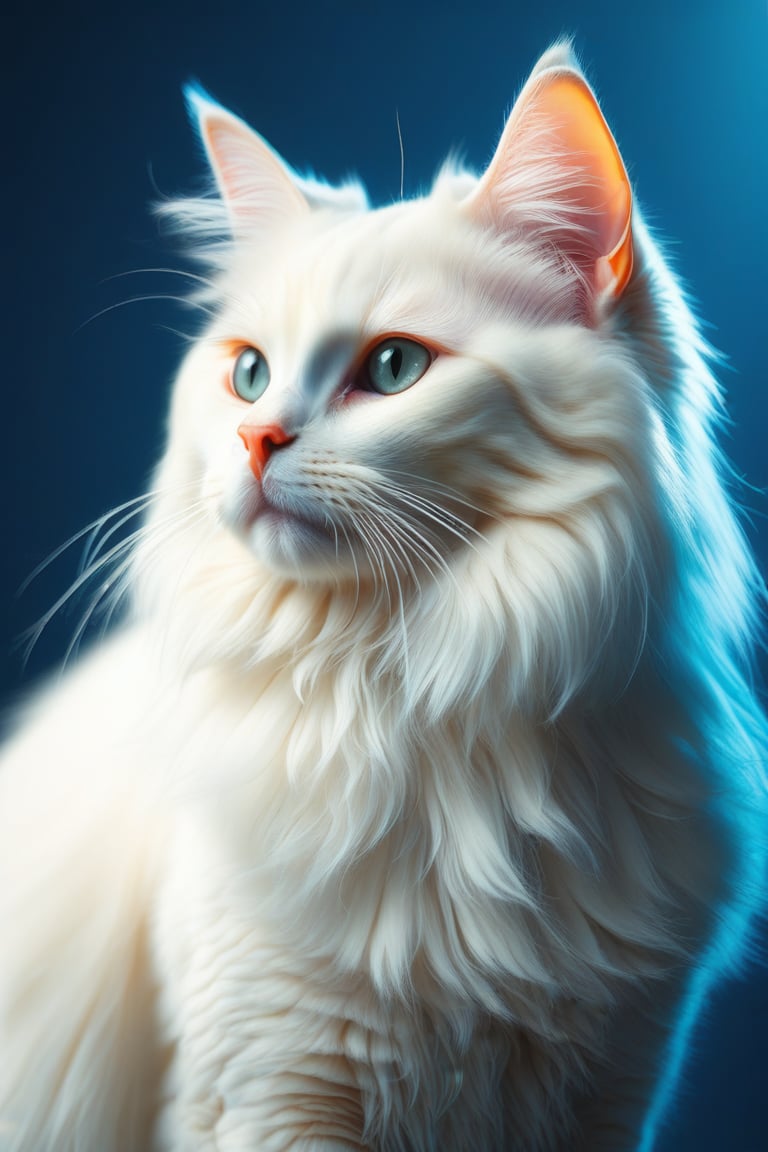 A majestic white cat with long, fluffy fur and piercing golden eyes, side profile portrait in a soft blue light