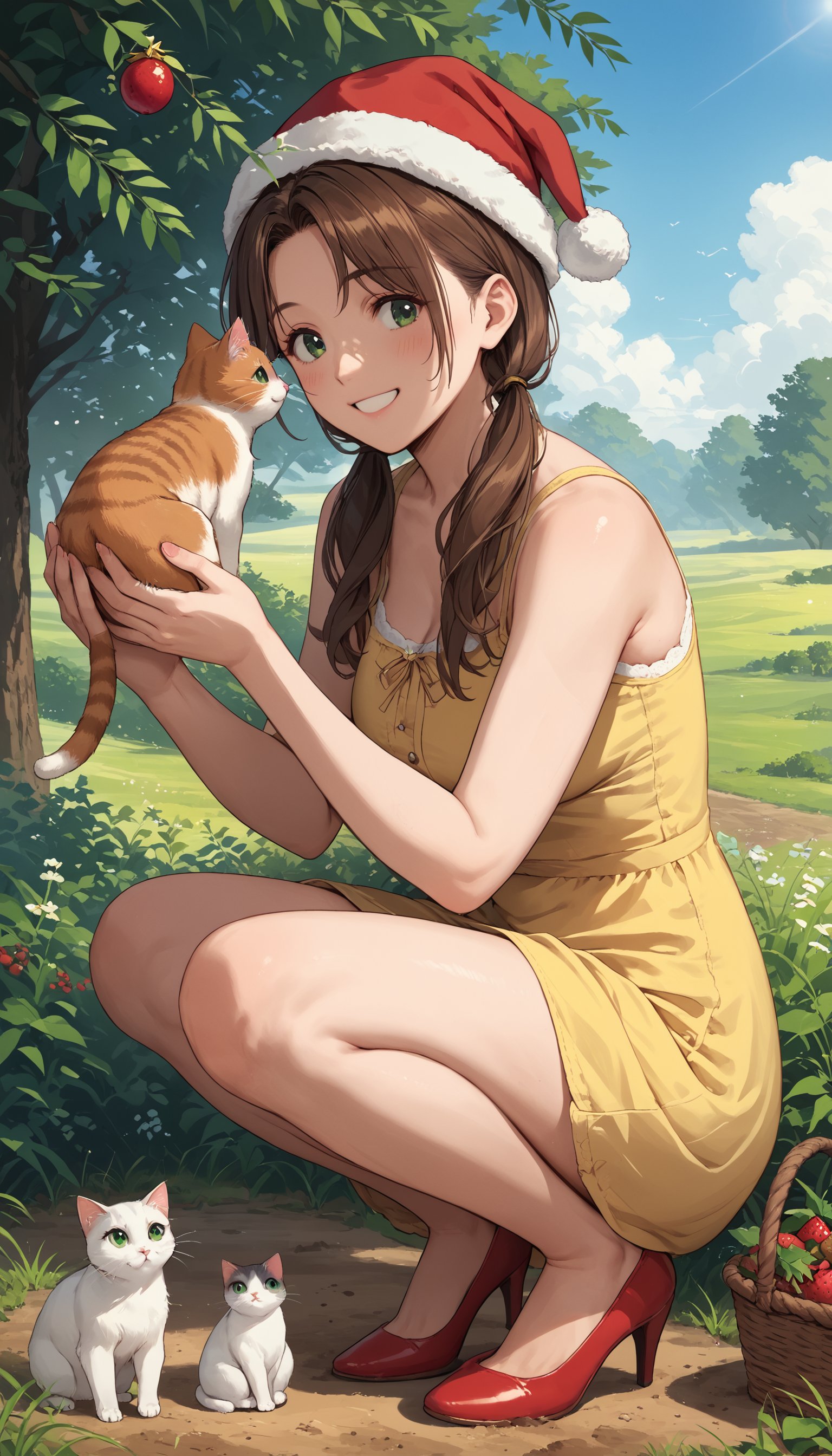 score_9, score_8_up, score_7_up, source_anime, 1girl, mature, brown hair, green eyes, twintails, long hair, squatting down, smiling, basket of delicious strawberries, yellow sundress, red high heels, santa hat, cat, kitten, petting cat, blue sky, sunshine, horizon, open grass field, dirt path,