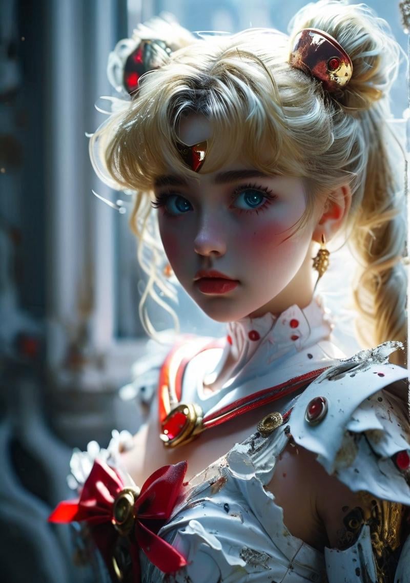 nomal angle shot,soft light, <lora:Doraemon_Gandam_Suit:1>,sailor moon,torn cloth,mecha suit,white dress,Exquisite Face, (Highly detailed face 1.2), highly detailed skin, skin pores, subsurface scattering, realistic pupils, high detail face, (highly detail eyes:1.2), full face blush, full lips,red bow