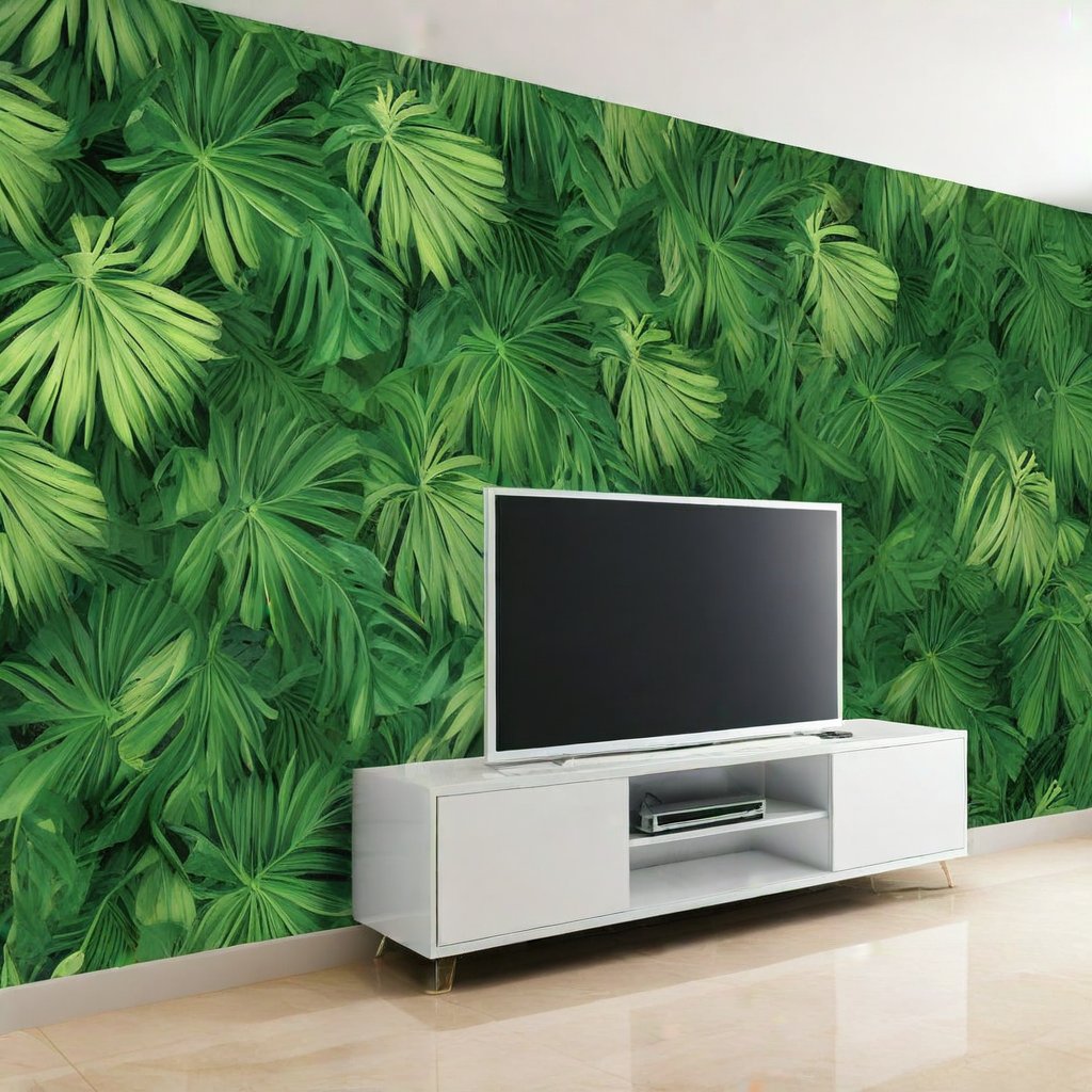 a living room with green palm leaves on the wall and a large flat screen tv in front of it