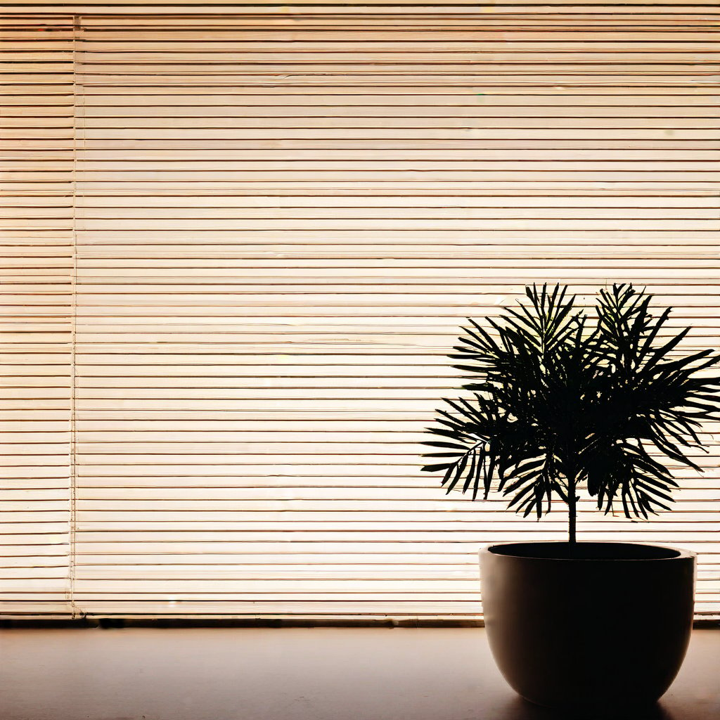 a potted plant in front of a window with shadows cast by the blinds on the wall behind it,Interior design