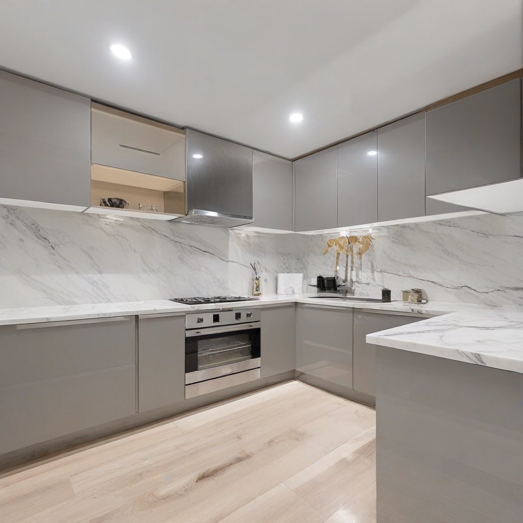 a modern kitchen with a marble counter top and stainless steel appliances in the middle of a hardwood floor,Interior design