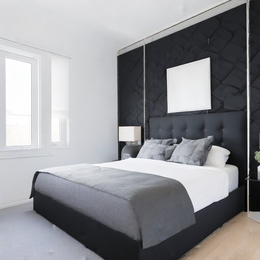 a bedroom with a black headboard, white walls and grey bedding on the floor next to a window,Interior design