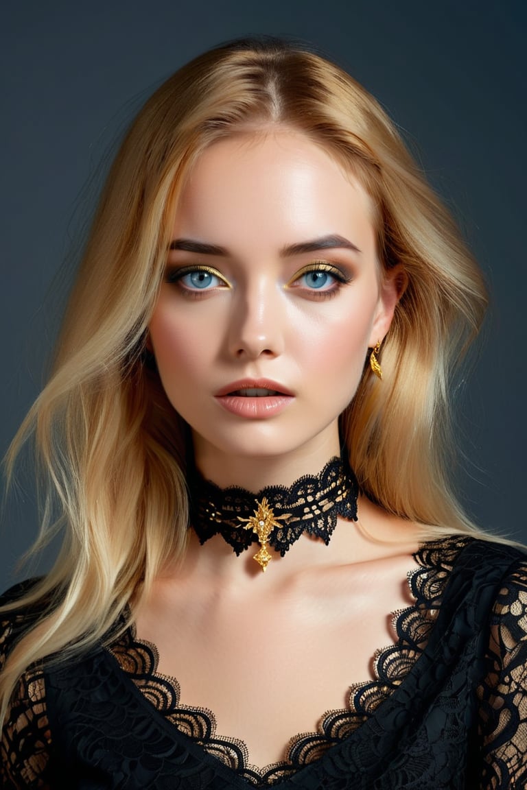 Surrealist art ohwx woman wearing a golden choker, lace black shirt, (blue eyes:0.5), simple background . Dreamlike, mysterious, provocative, symbolic, intricate, detailed, 