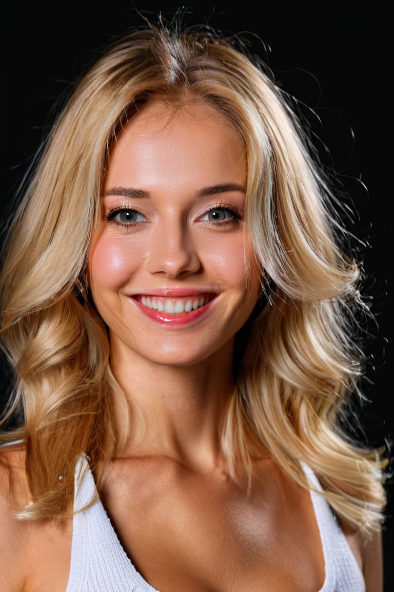 upper body of ohwx woman, long blonde hair, gray eyes, smile, ISO, cannon, professional photo, sharp, detailed skin, 120mm, black background, perfect illumination, 8k, high details, 