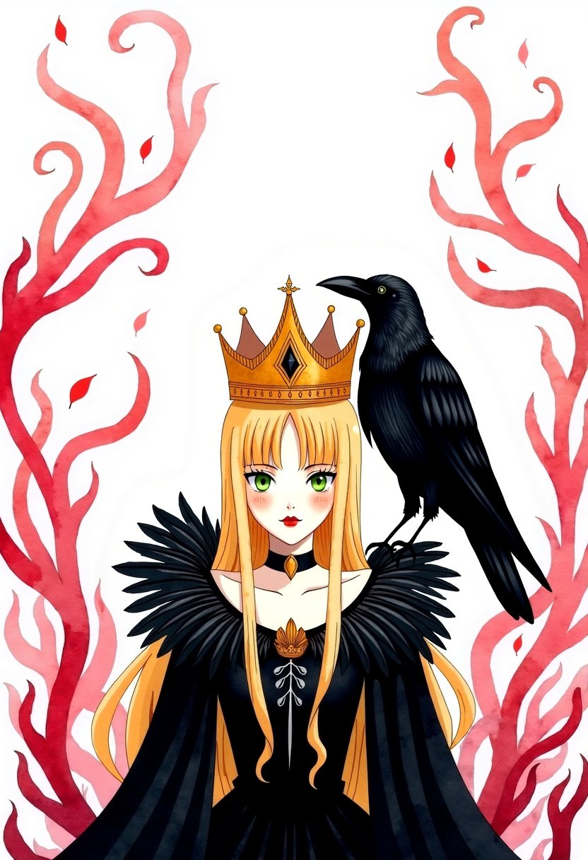 1girl, solo, long hair, looking at viewer, blonde hair, green eyes, upper body, bird, feathers, crown, red lips, crow, black feathers, The image depicts a stylized female figure with regal attributes, suggesting a theme of royalty or fantasy. The crown and the dark clothing adorned with feathers are indicative of a high-status character, possibly a queen or princess. The presence of the bird on her shoulder adds to the mythical or magical aspect of the portrayal. The color palette is subdued with a focus on black, white, and shades of pink, which contributes to a somber yet elegant mood. The background's abstract nature with swirling shapes and feathers reinforces the mystical atmosphere of the scene. There is no indication of a specific context or background story within the image itself. complex illustration in watercolor technique,

Fantasy detailers, art_solyanka