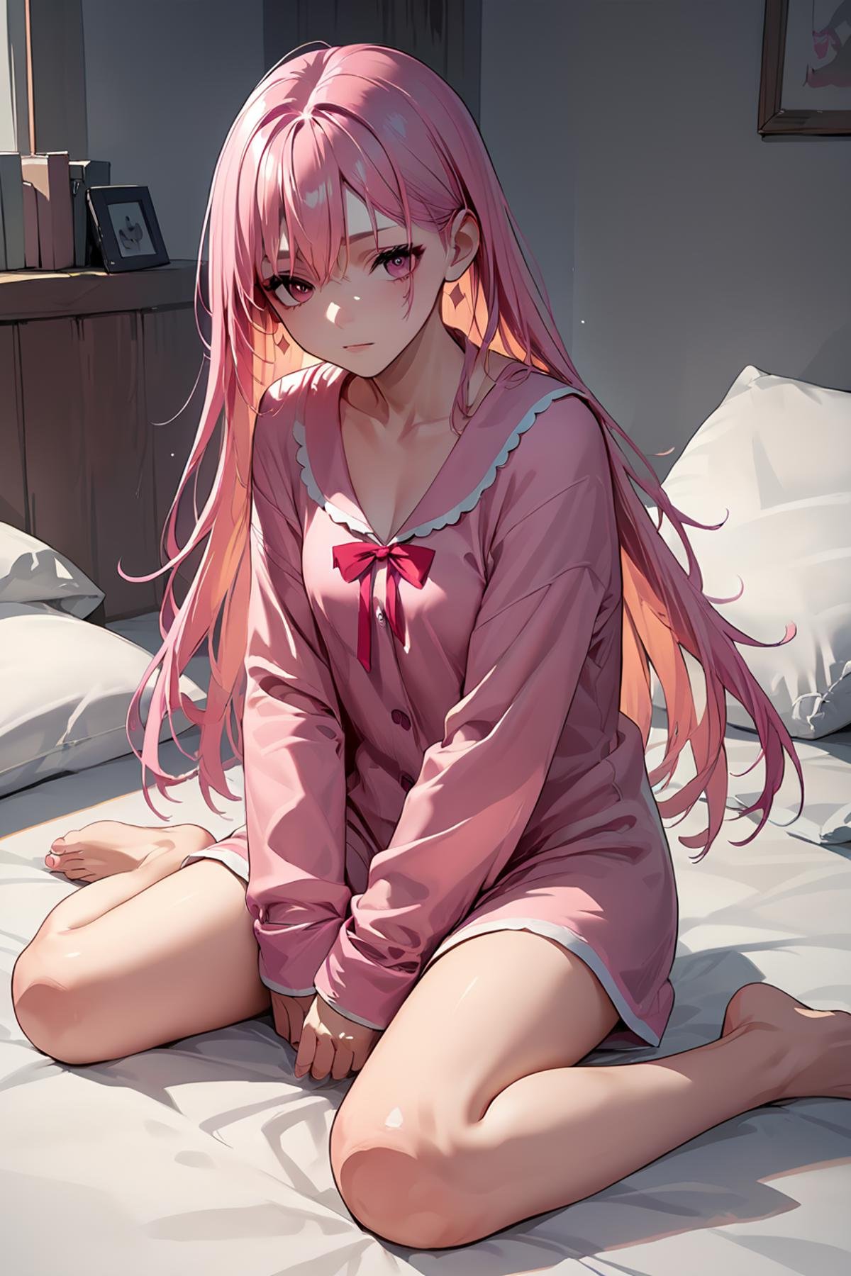 score_9, score_8_up, score_7_up, score_6_up,  source_anime, 1girl, maisynthv, long hair, pink hair, pajama, sitting on bedroom,, <lora:Mai Synthesizer V Pony:0.7> detailed face, 