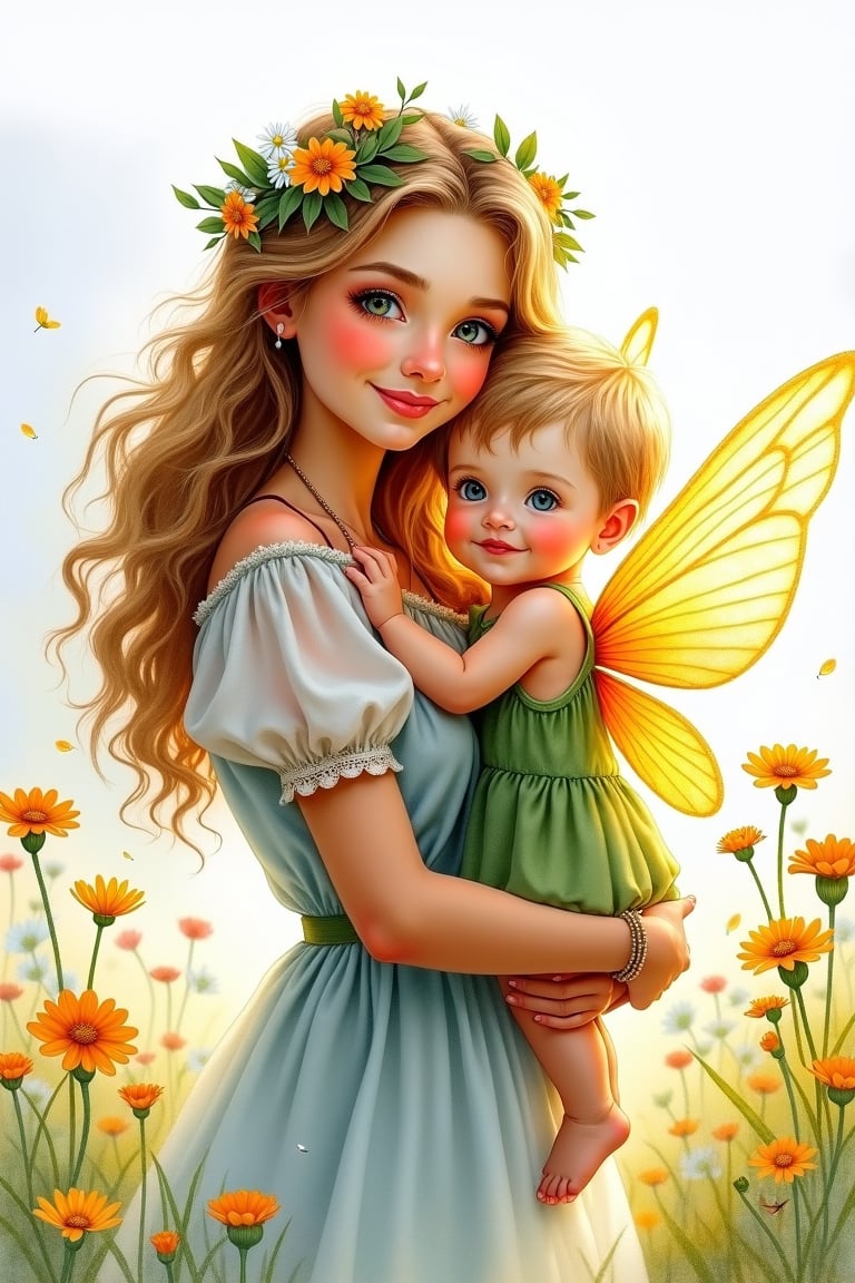  ((Watercolor drawing by Thomas Moran)), Style by NTY, ((1girl) (1baby boy)), beautiful girl smiles, young beautiful woman with baby boy, mom hugs baby boy, mom fairy, baby fairy, fairy fairy wings, fantasy, ((Watercolor drawing by Thomas Moran)), beautiful eyes, high detail, clear face, light falls on her face, fairy-tale world, wildflowers, sunny day, voluminous lighting, vintage, soft morning light, sunlight glinting on her skin, Russian beauty, (in color, color illustration), (masterpiece, detailed, highres:1.4), 

64K, art_solyanka