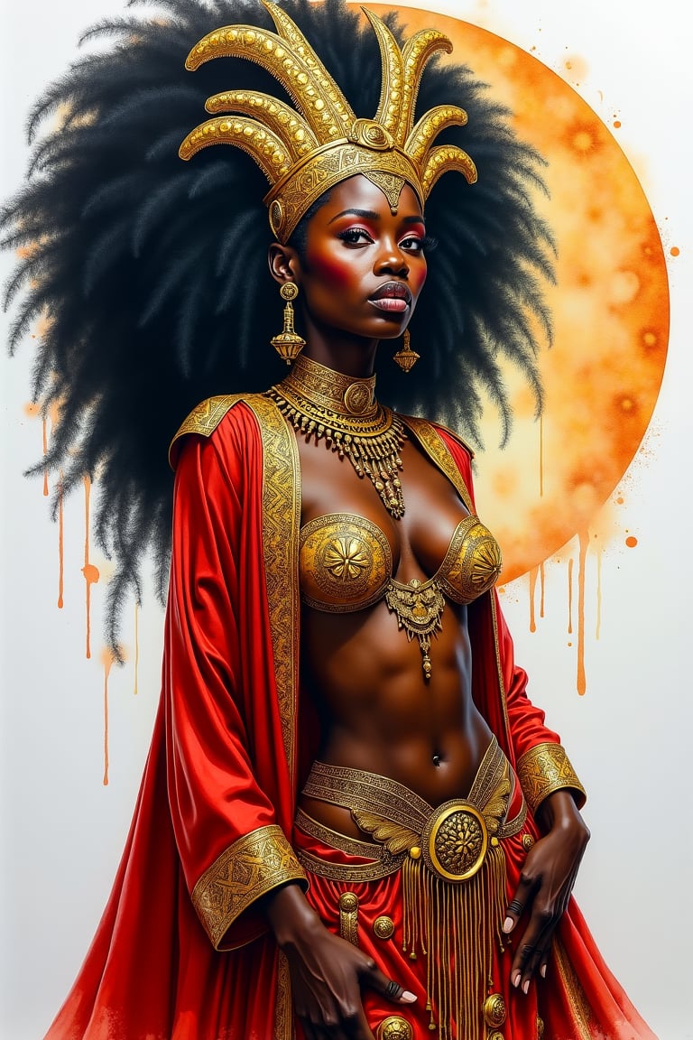  ((Watercolor drawing by Thomas Moran)), Artgerm, WLOP, Greg Rutkowski; beautiful hot African voodoo goddess, detailed full body, black hair, intricately designed beautiful face, intricately designed gold and red open clothes, very big chest, Intricate, Elegant, digital illustration, scenic, hyper-detailed, posing, gauche art, artstation masterpiece,painting, paint drippin, 

64K, art_solyanka