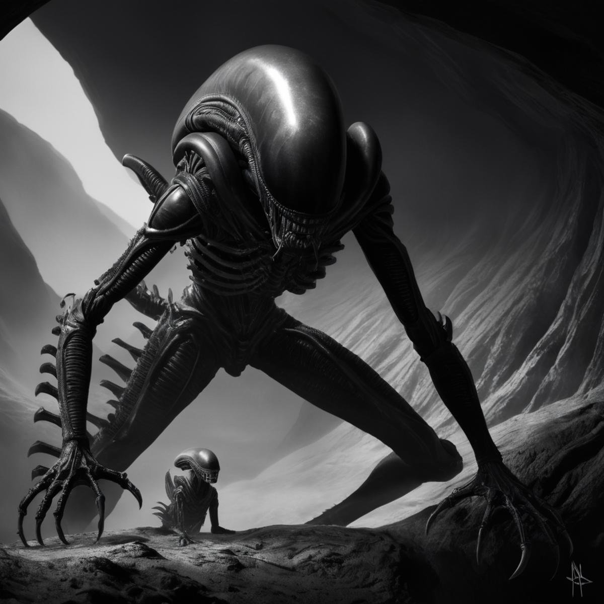 cinematic film still of  <lora:Xenomorph:1>Xenomorph a black and white drawing of a alien inside a cave,endoparasitoid extraterrestrial species,standing,tail,monochrome,full body,greyscale,teeth,artist name,signature,no humans,sharp teeth,claws,1other,monster,alien , horror themed, dark themed, cinematic, film still, xenomorph style, shallow depth of field, vignette, highly detailed, high budget, bokeh, cinemascope, moody, epic, gorgeous, film grain, grainy